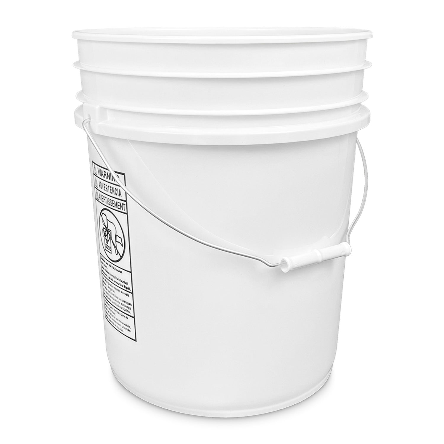 A 5 Gallon BPA-Free, food-grade white plastic bucket (100 Mil thickness) with a metal handle and warning label, shown against a plain white background.