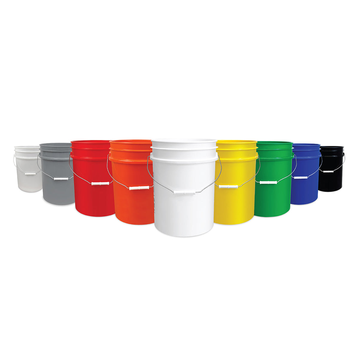 A row of nine 5 Gallon Buckets - 90 Mil BPA-Free Food-Grade in a spectrum of colors, including white, gray, red, orange, yellow, green, blue, and black.