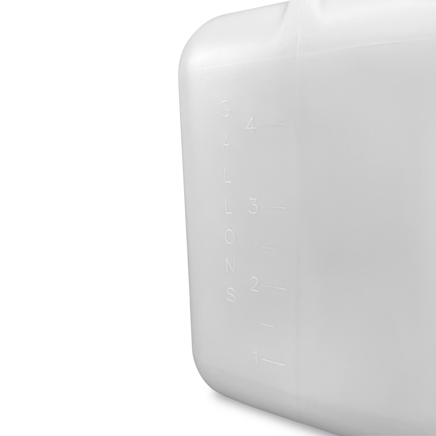 Close-up of a 5 Gallon BPA-Free Food-Grade Hedpak with 70 mm cap, featuring embossed gallon markings from 1 to 4 on the side against a plain white background.