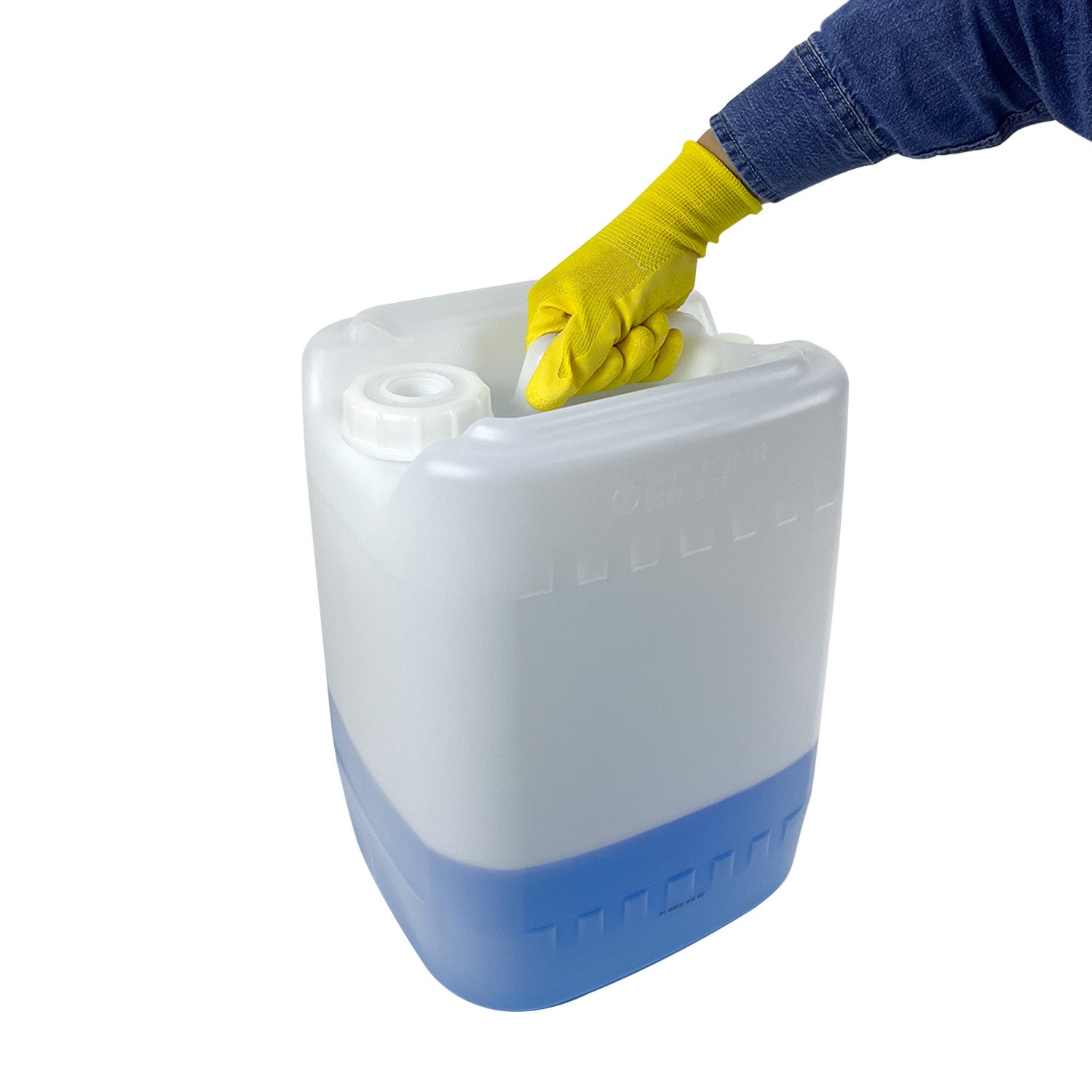 A person wearing a yellow glove and blue sleeve holds the handle of a 5 Gallon UN-Rated Rectangular Tight Head plastic container (cap sold separately), likely used for storing liquids.