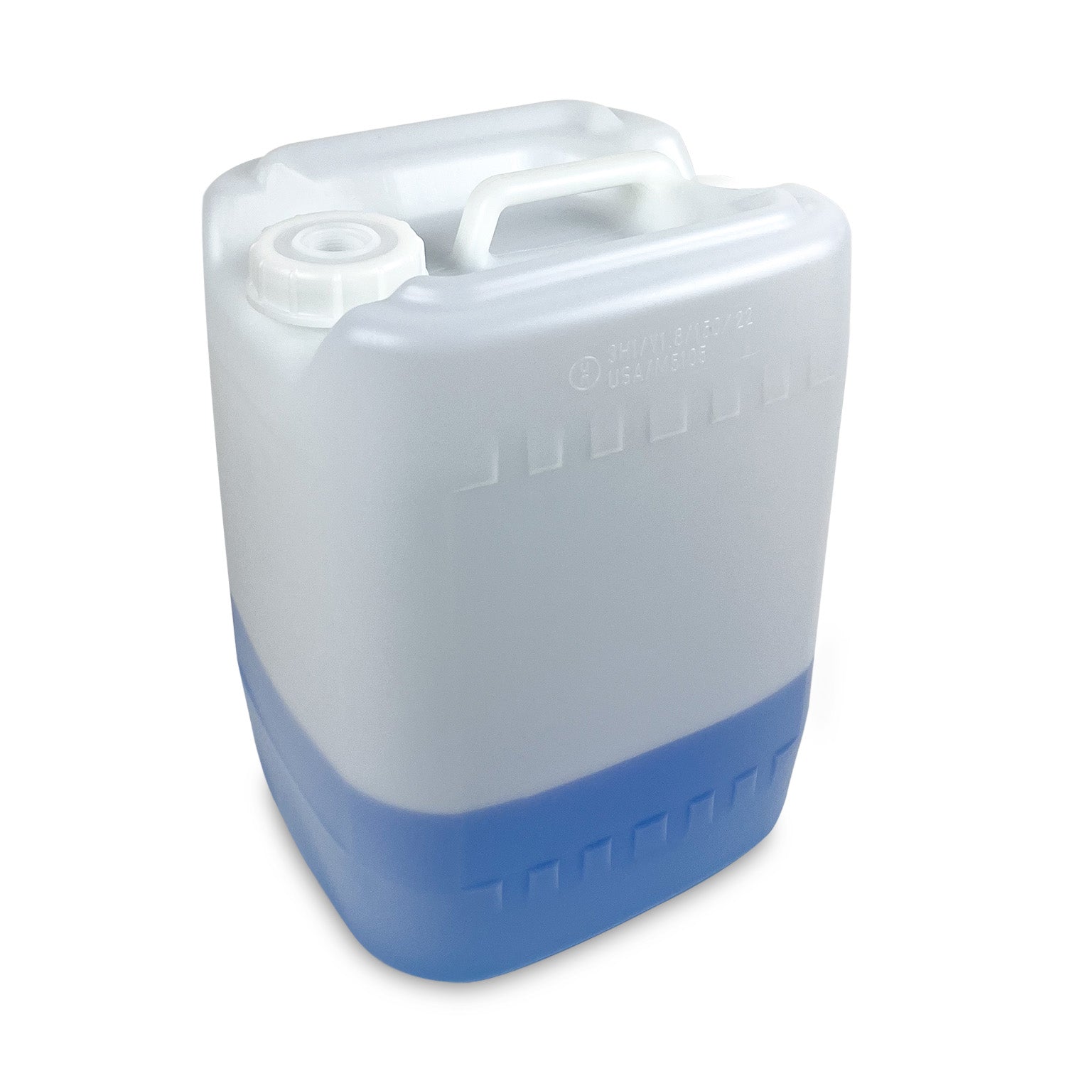 The 5 Gallon UN-Rated Rectangular Tight Head (1 Count, cap sold separately) is a translucent plastic jerry can with a handle and white top, containing blue liquid and shown against a plain white background.