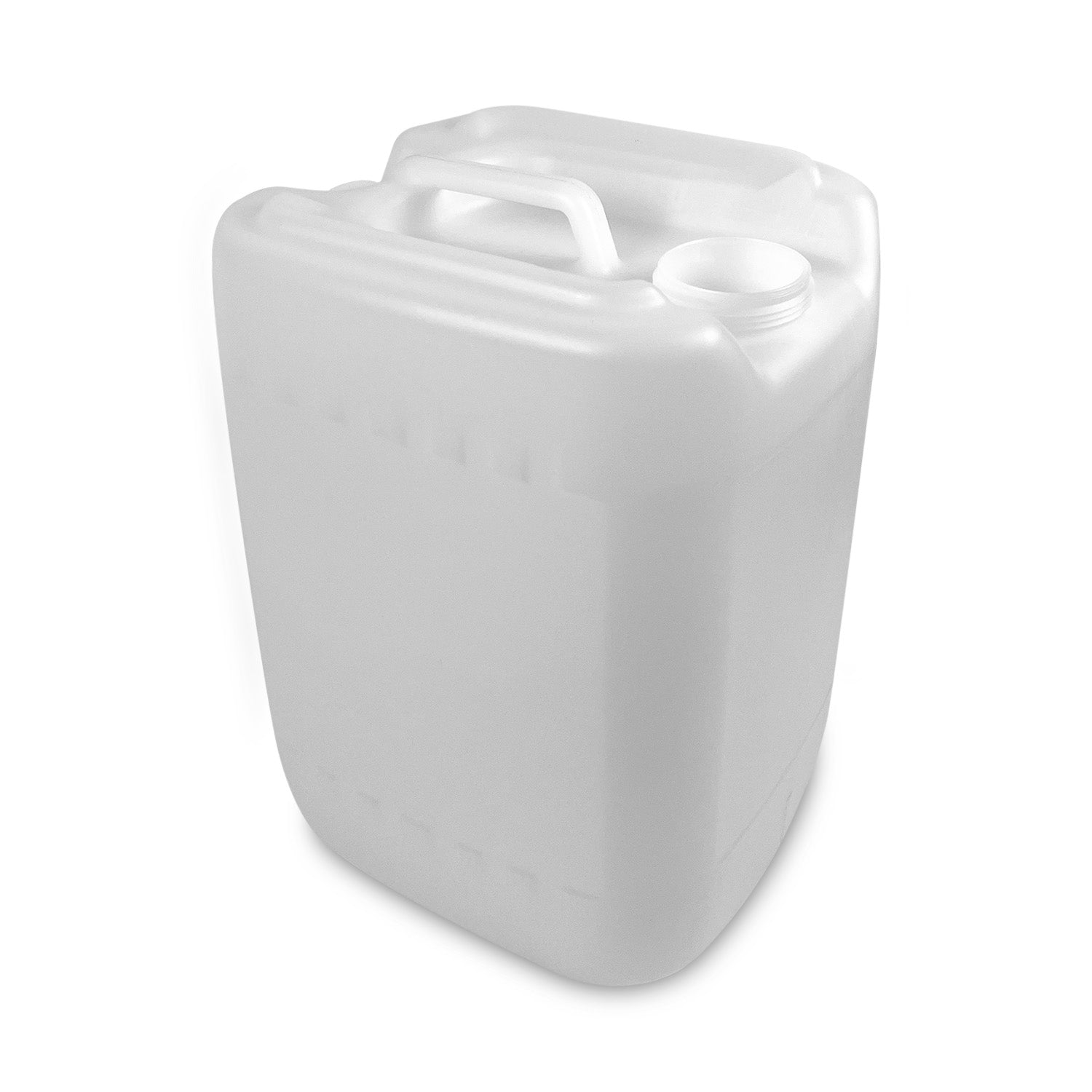 A 5 Gallon UN-Rated Rectangular Tight Head (cap sold separately) translucent white plastic jerry can with a handle and screw-top opening, shown against a plain white background.