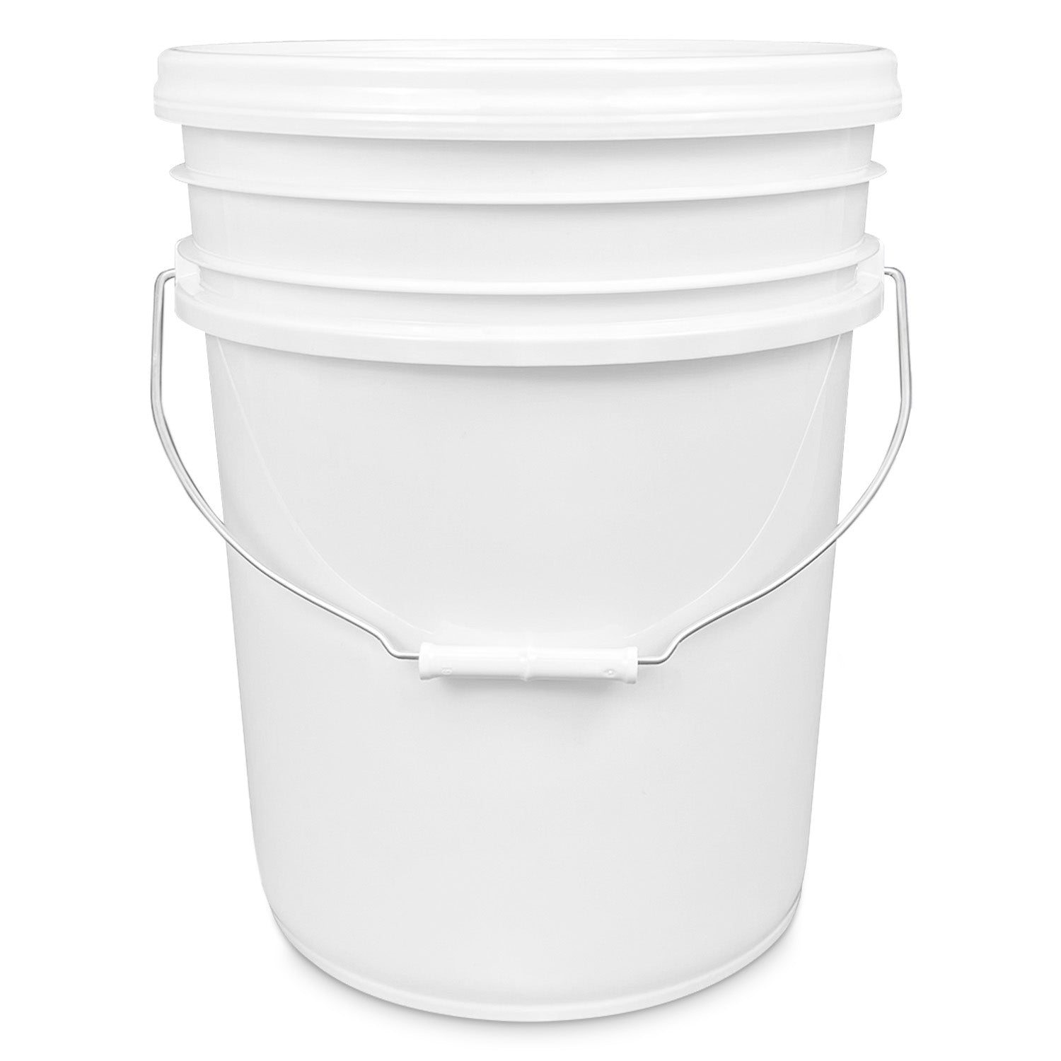 The UN-Rated 5 Gallon 1H2/Y1.5/30 BPA-Free Food-Grade Bucket with lid features a metal handle and white plastic grip, shown on a white background.