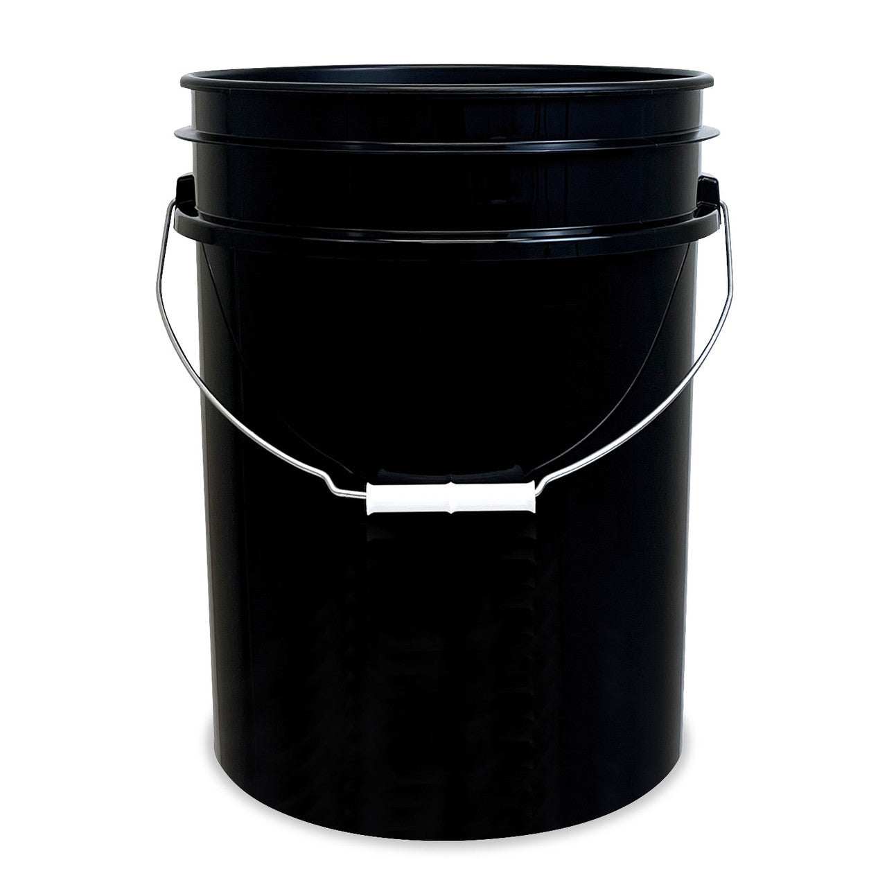A 5-gallon, black, BPA-free food-grade plastic bucket (90 mil), featuring a metal handle with a white plastic grip, shown against a white background.