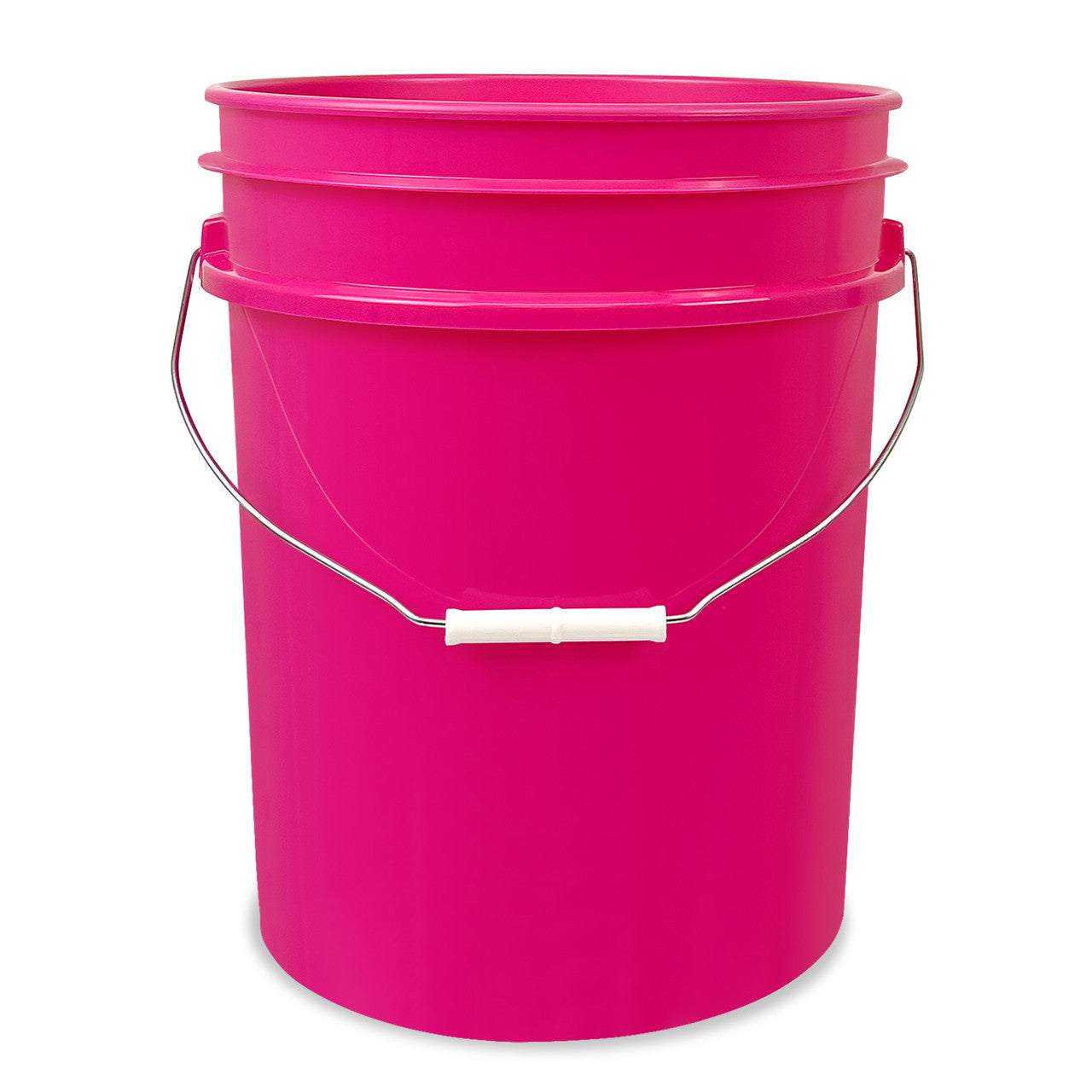 A 5-gallon, bright pink plastic bucket (90 mil, BPA-free food-grade) with a metal handle and white grip, shown against a plain white background.