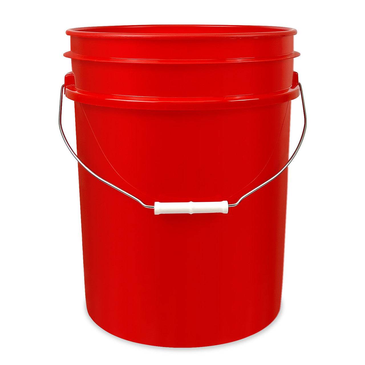 A 5-gallon, food-grade, BPA-free red plastic bucket (90 mil) with a metal handle and white grip, shown against a plain white background.