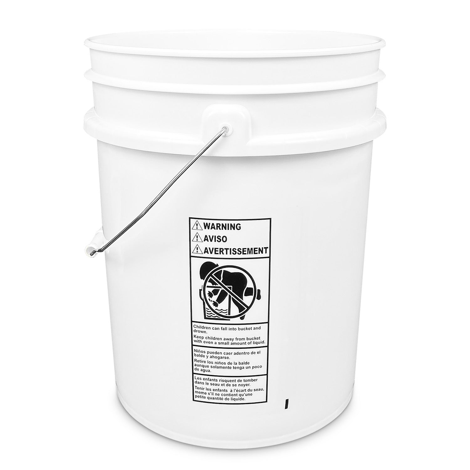 The 5 Gallon Bucket is a white, BPA-free food-grade plastic pail with a metal handle and a safety label warning of drowning hazards, featuring a graphic of a child falling into the bucket.