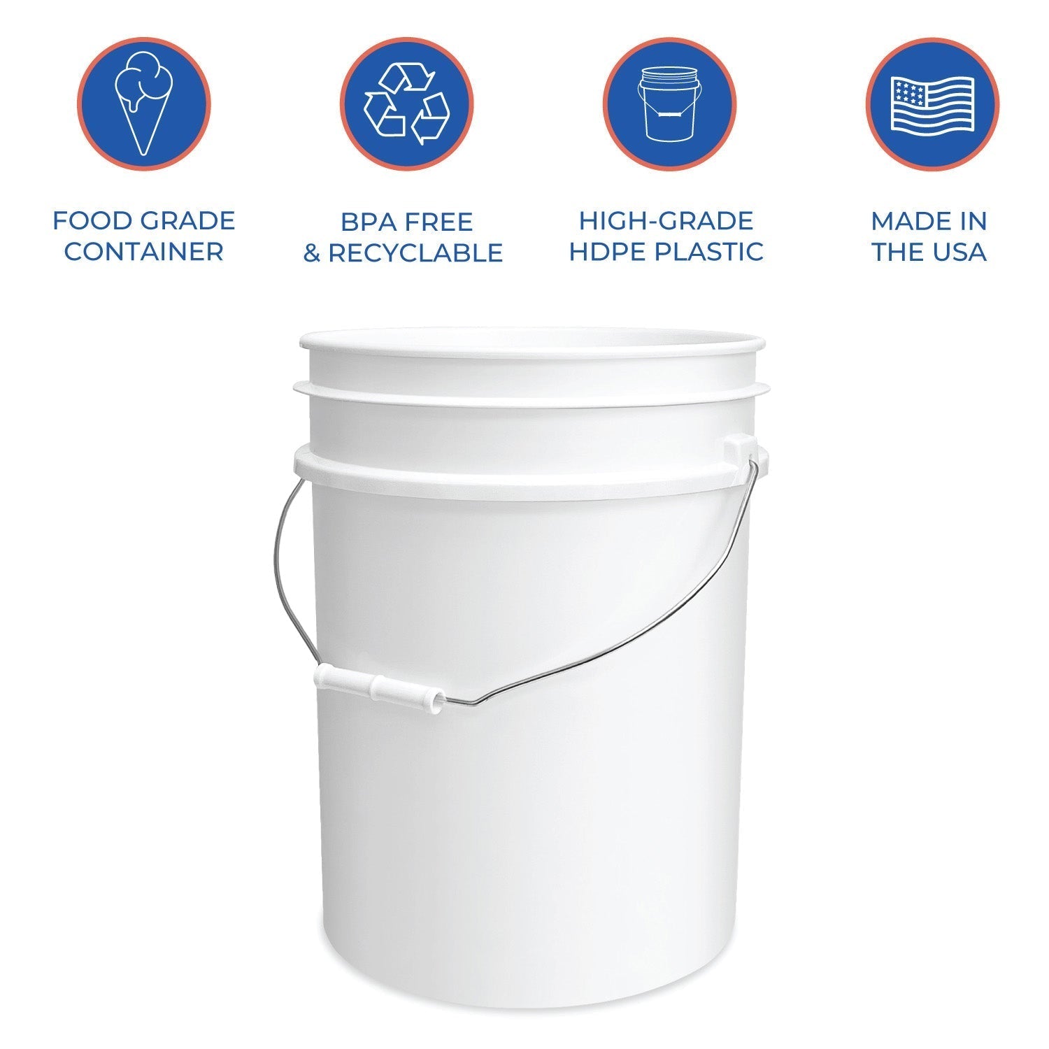 The 5 Gallon Buckets - 90 Mil BPA-Free Food-Grade (1 Count) features a white plastic build with a metal handle, is made in the USA, food-grade, BPA free, recyclable, and crafted from high-quality HDPE plastic.