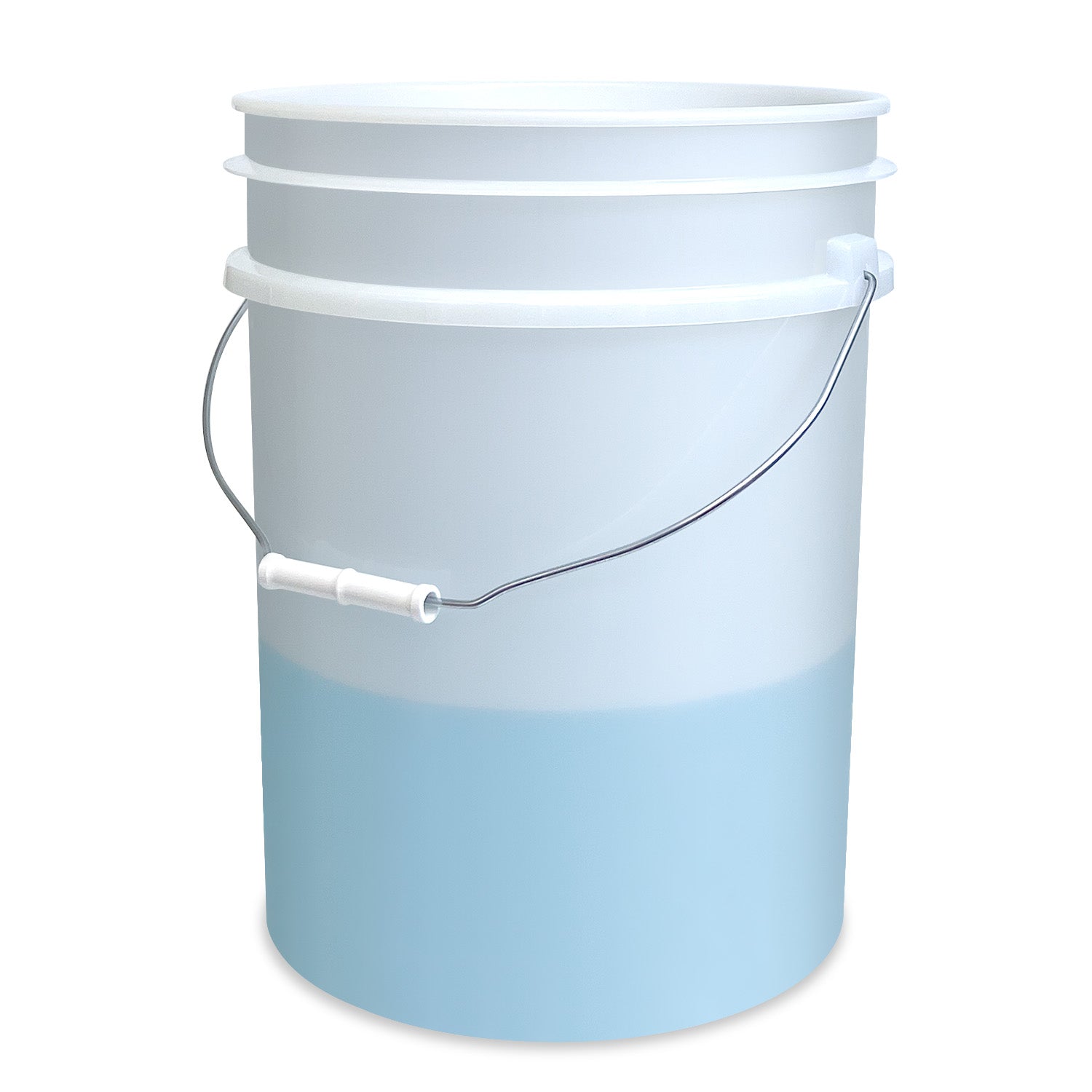 A plain 5 Gallon Buckets - 90 Mil BPA-Free Food-Grade (1 Count), white plastic with a metal handle and plastic grip, is partially filled with light blue liquid and shown against a white background.