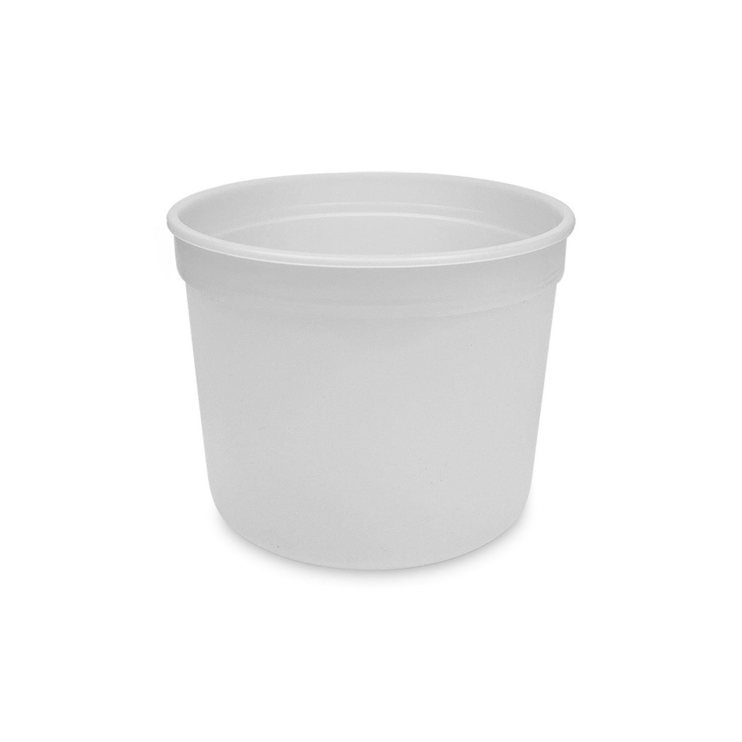 The 50 oz BPA-Free Food-Grade Container (T51350CP) is a plain, white plastic container with a wide opening and no lid, shown against a white background. Available in cases of 300.