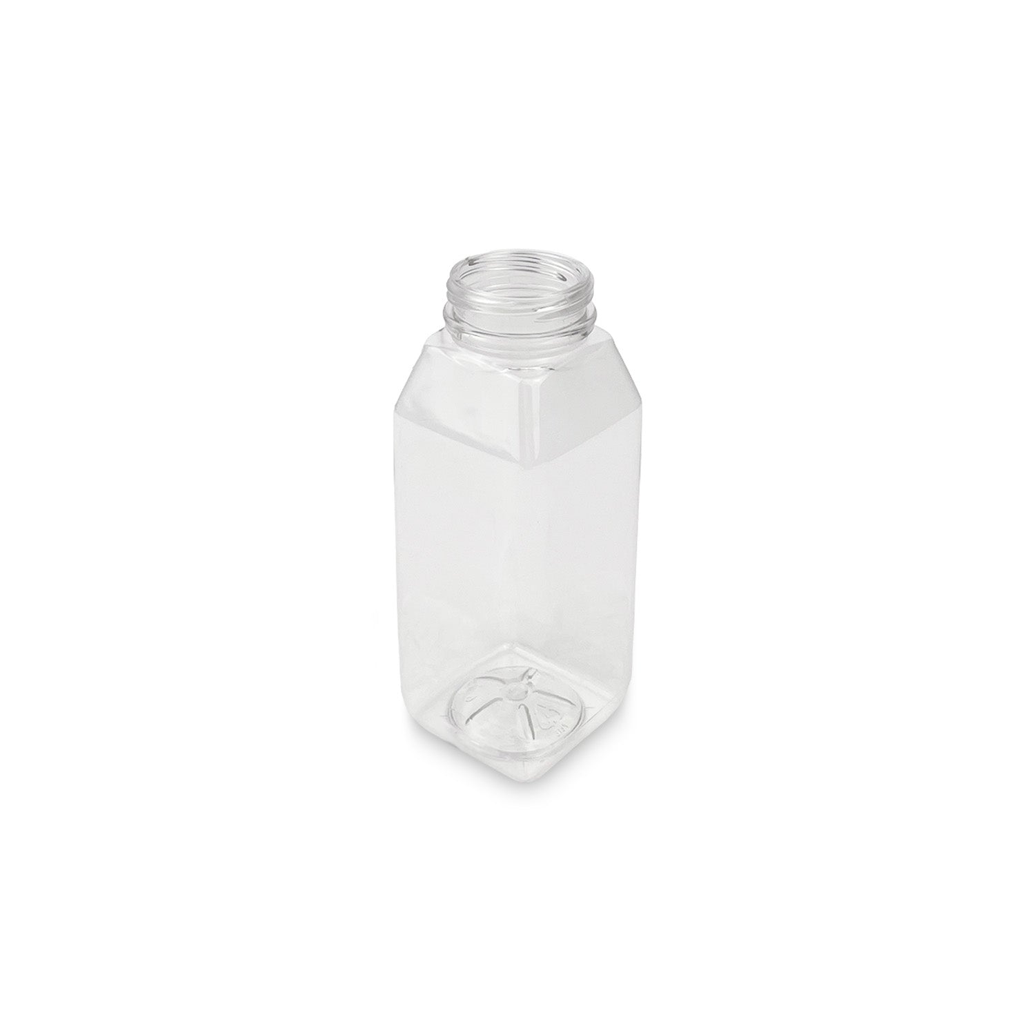 A clear, empty 4 oz. to 32 oz. BPA-free food-grade square plastic bottle with a wide screw-top opening from a case of 100, shown against a plain white background.