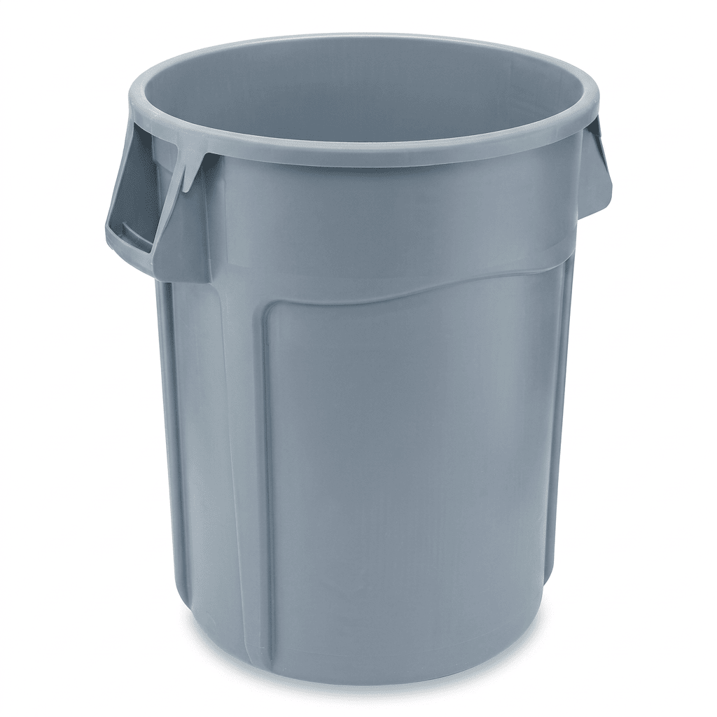 The Rubbermaid Brute Trash Can is a large, round, gray plastic container with built-in handles near the top, shown against a white background. This model has a 44-gallon capacity and comes in a 1-count package.