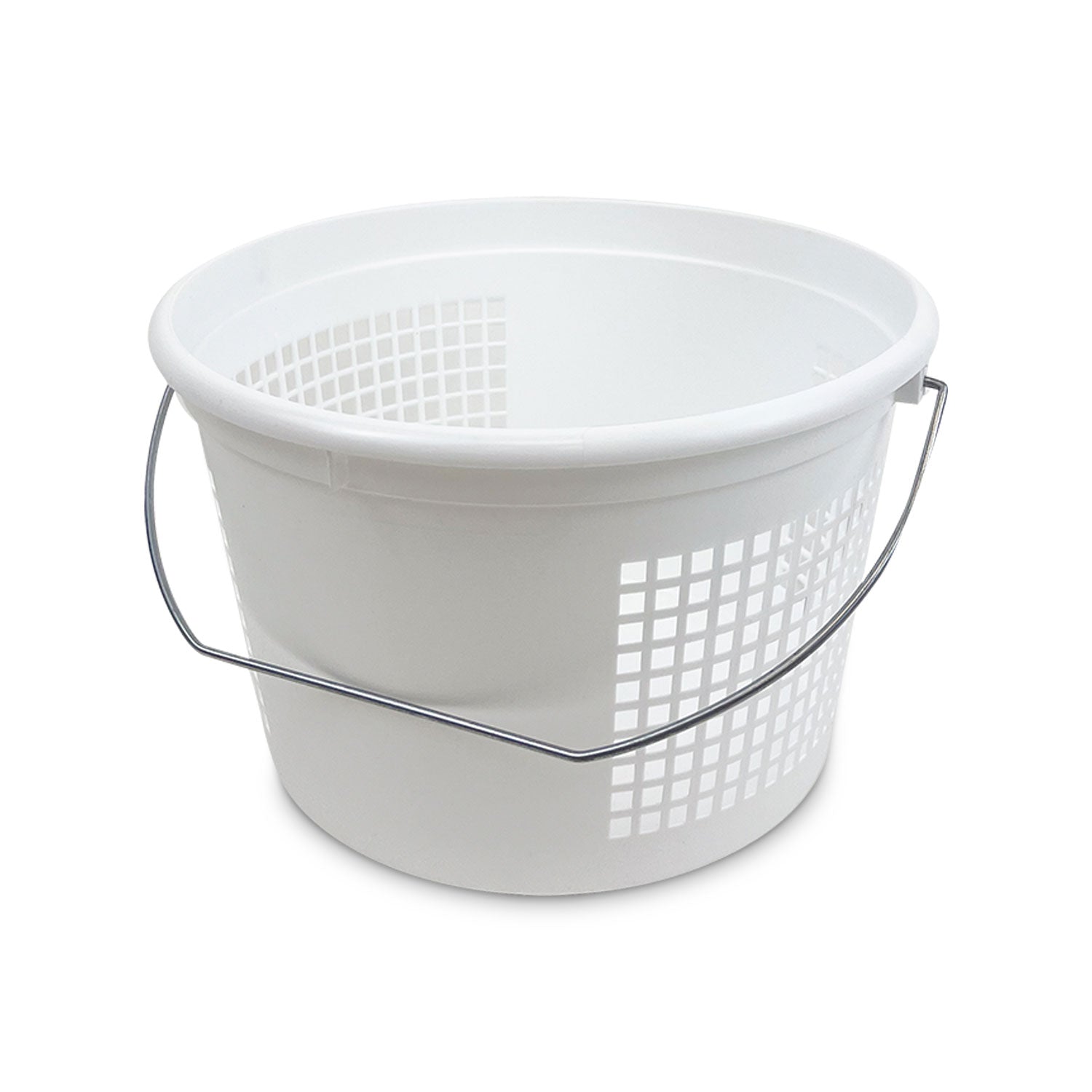 A case of 150 white 4 Quart (1 Gallon) vented buskets with metal handles and square side ventilation holes, shown on a plain white background.