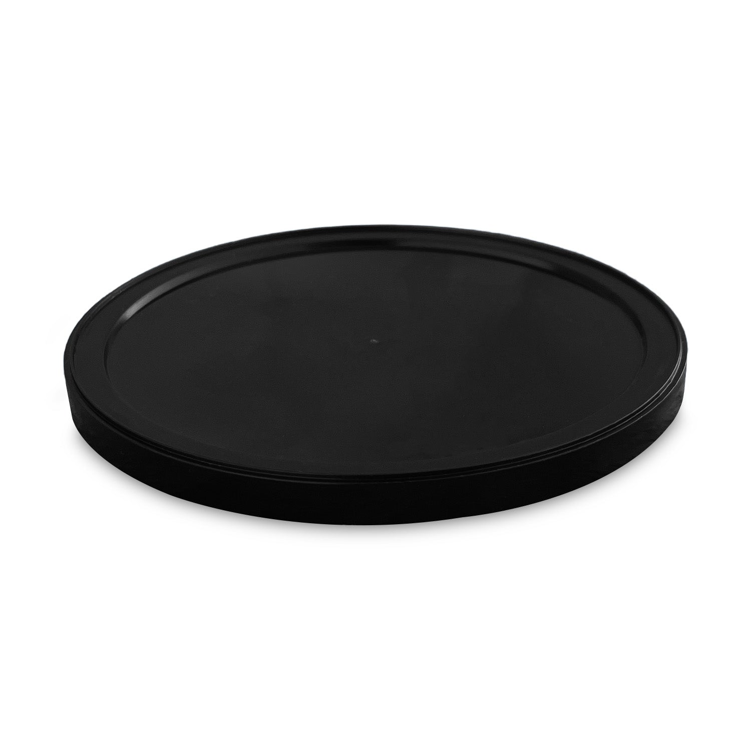 A BPA-Free Food-Grade Freezer-Safe Lid (L410 + L410RTR) is displayed on a white background, shown as a smooth, round black plastic lid with a slightly raised edge. Available in cases of 500–1000.