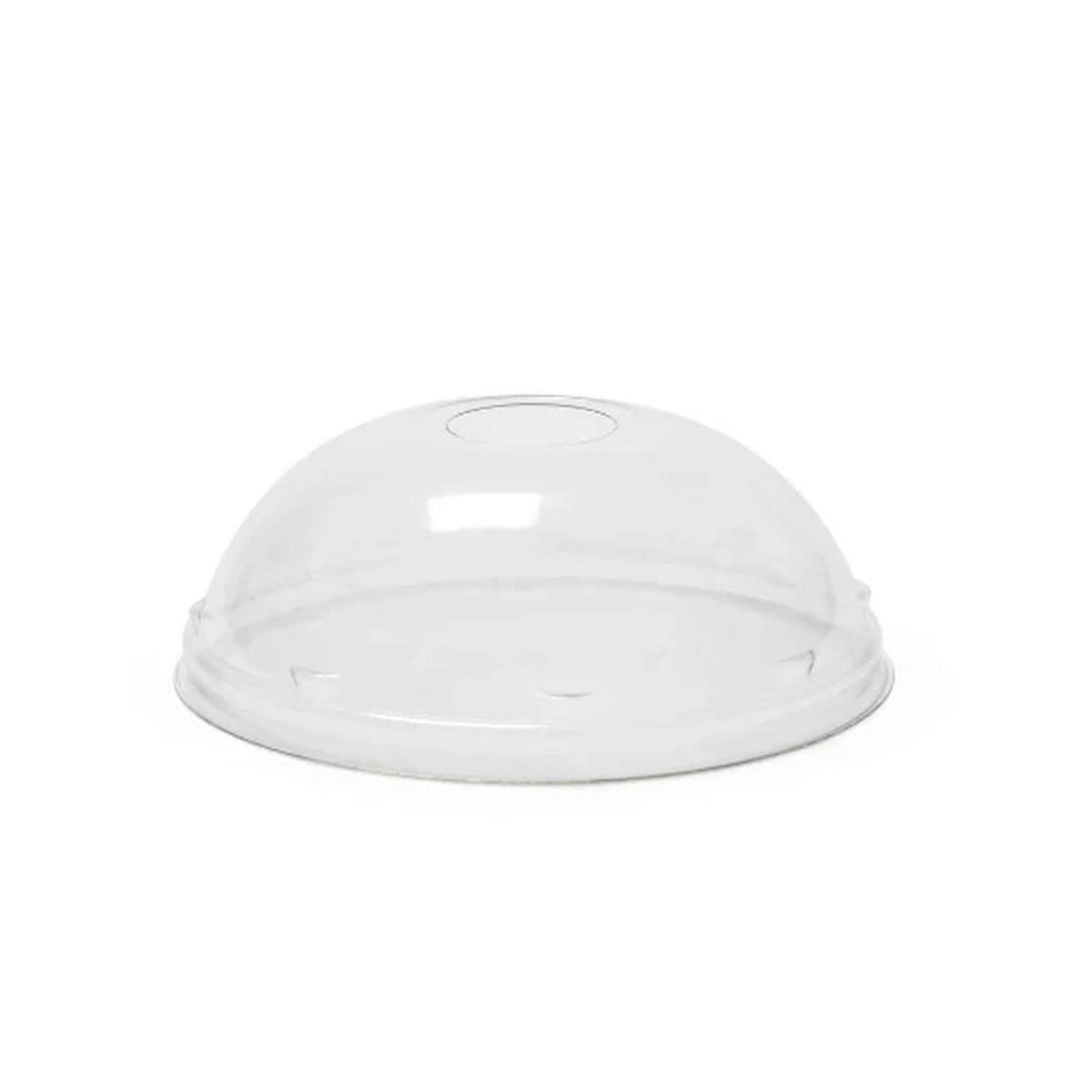 The BPA-Free Dome Lids with Wide Hole for 32 oz. Cups (DLTI402UPETDOME), shown against a white background, feature a clear, plastic, dome-shaped design with a circular top opening. Sold in cases of 1000.