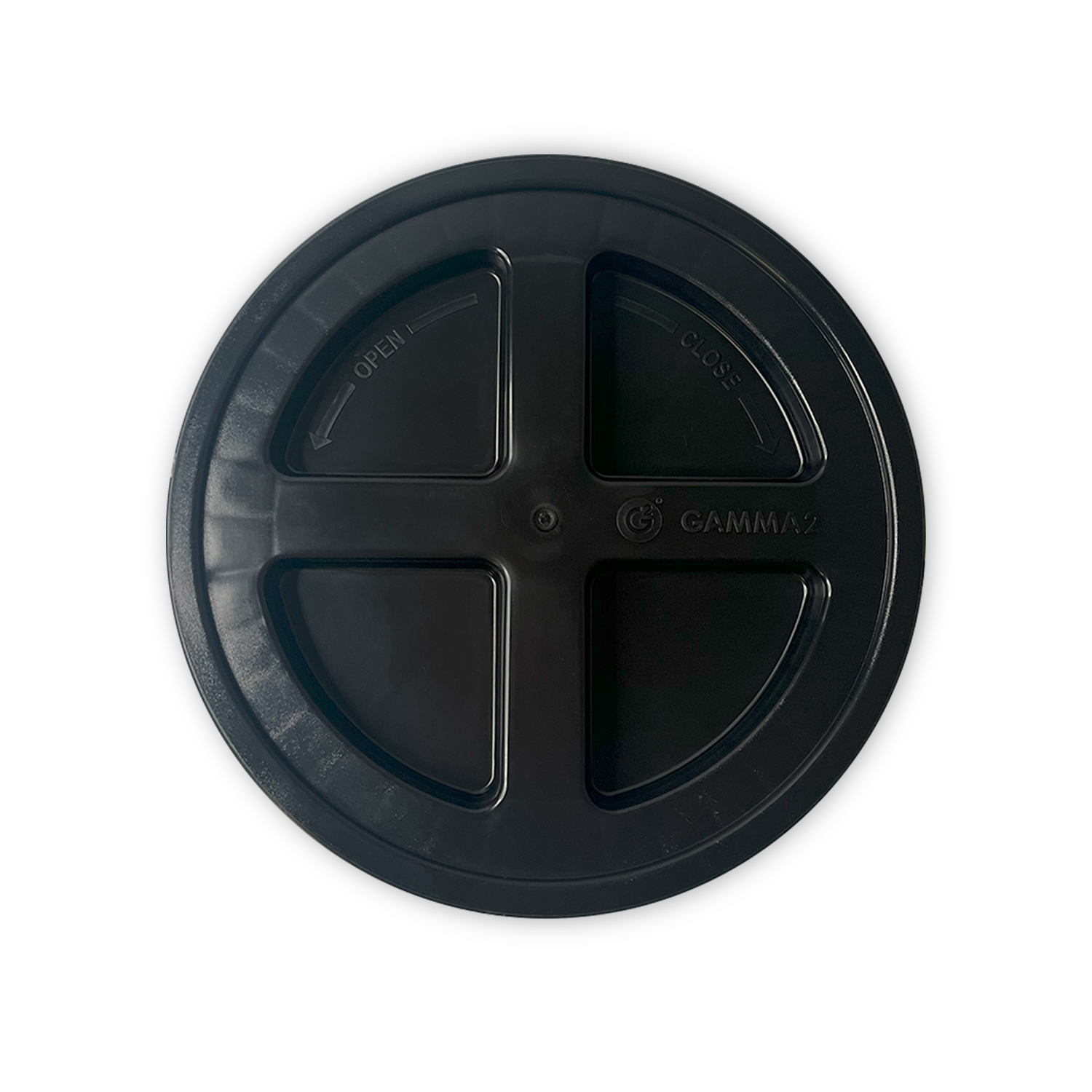 A round black BPA-free Gamma Seal Lid for 3.5, 5, & 7 gallon buckets is shown from above on a white background; it features four sections labeled “OPEN” and “CLOSE,” with “GAMMA2” embossed on one segment.