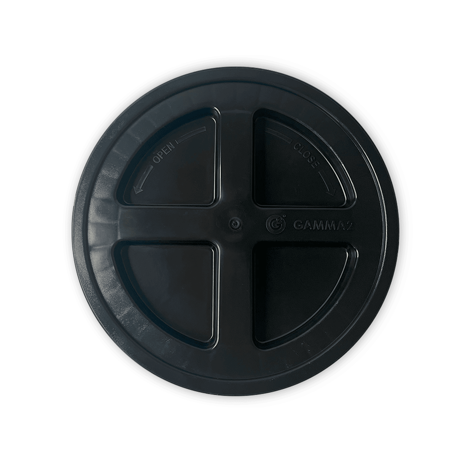 A round black BPA-free Gamma Seal Lid for 3.5, 5, & 7 gallon buckets is shown from above on a white background; it features four sections labeled “OPEN” and “CLOSE,” with “GAMMA2” embossed on one segment.