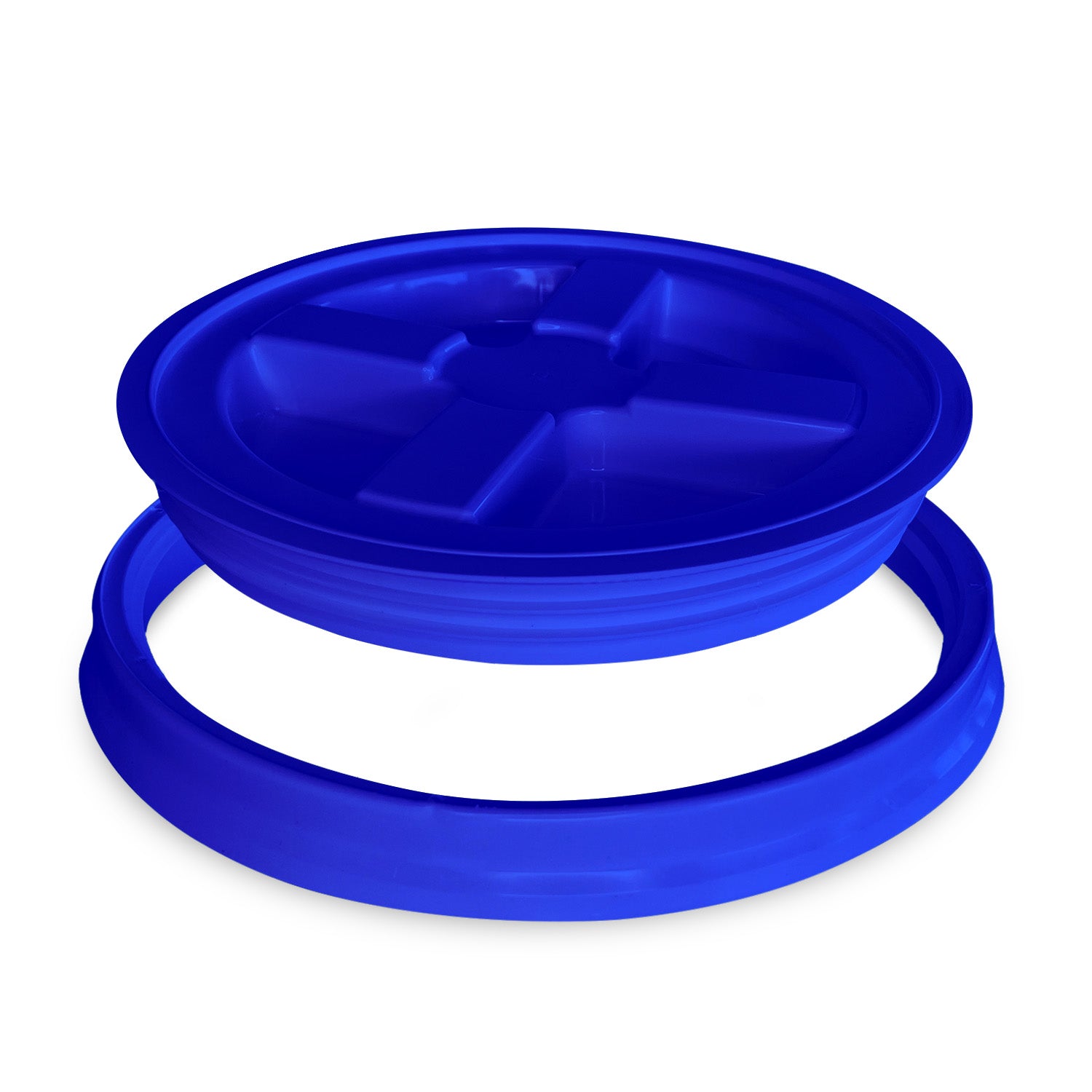 A BPA-free, food-grade Gamma Seal Lid for 3.5, 5, and 7 gallon buckets is shown lifted above a round bucket. This durable lid comes in blue and creates an airtight seal to keep contents fresh. One lid per pack.
