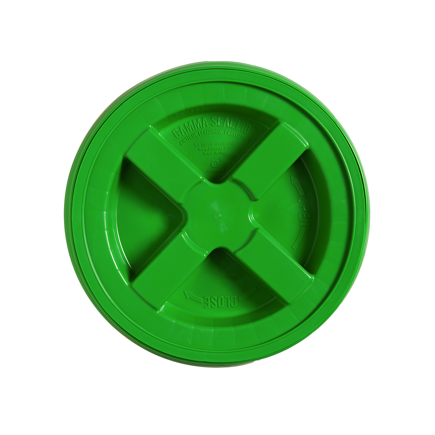 A green, round BPA-Free Food-Grade Gamma Seal Lid for 3.5, 5, & 7 gallon buckets with an X-shaped grip and embossed text is shown from above on a white background.