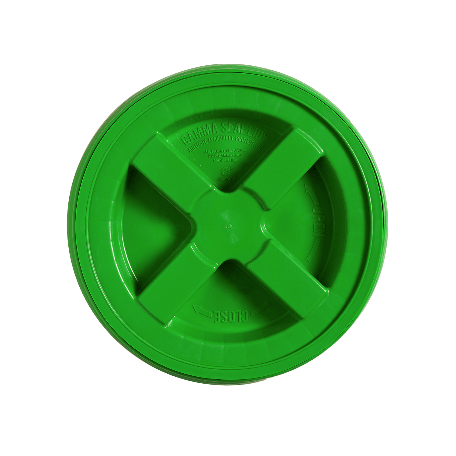 A green, round BPA-Free Food-Grade Gamma Seal Lid for 3.5, 5, & 7 gallon buckets with an X-shaped grip and embossed text is shown from above on a white background.