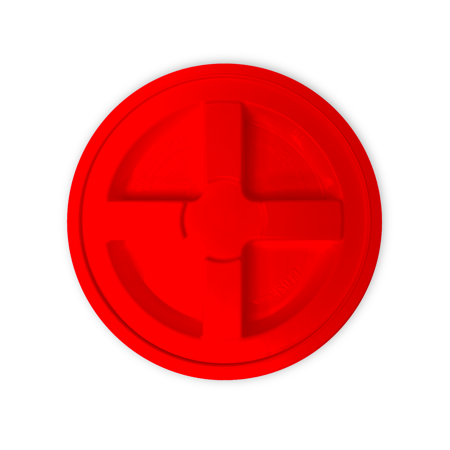 A BPA-free food-grade Gamma Seal Lid for 3.5, 5, and 7 gallon buckets is shown from above in bright red plastic with a circular shape and cross-shaped raised design against a plain white background.
