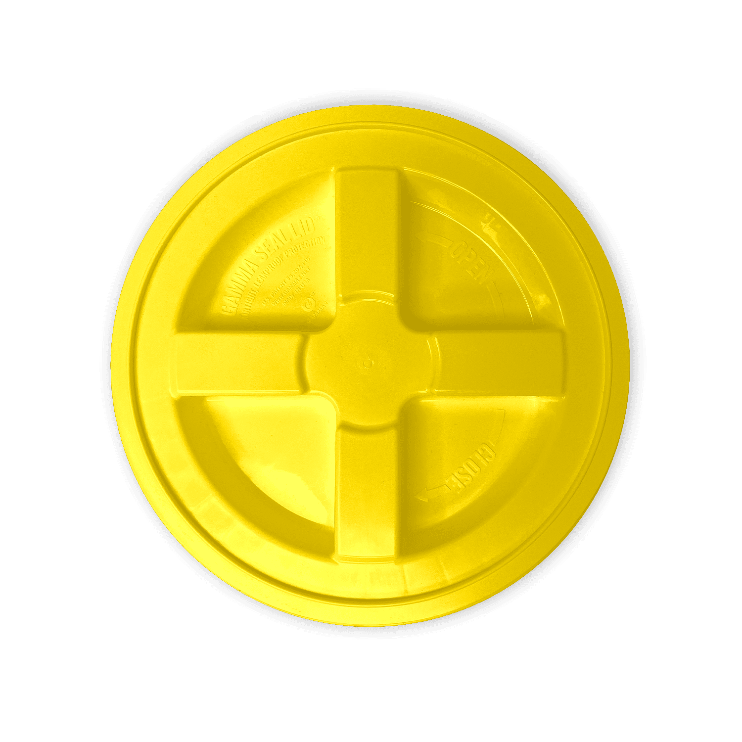 A BPA-Free Food-Grade Gamma Seal Lid for 3.5, 5, & 7 gallon buckets—shown from above in bright yellow with a round shape and cross-shaped raised design against a white background.