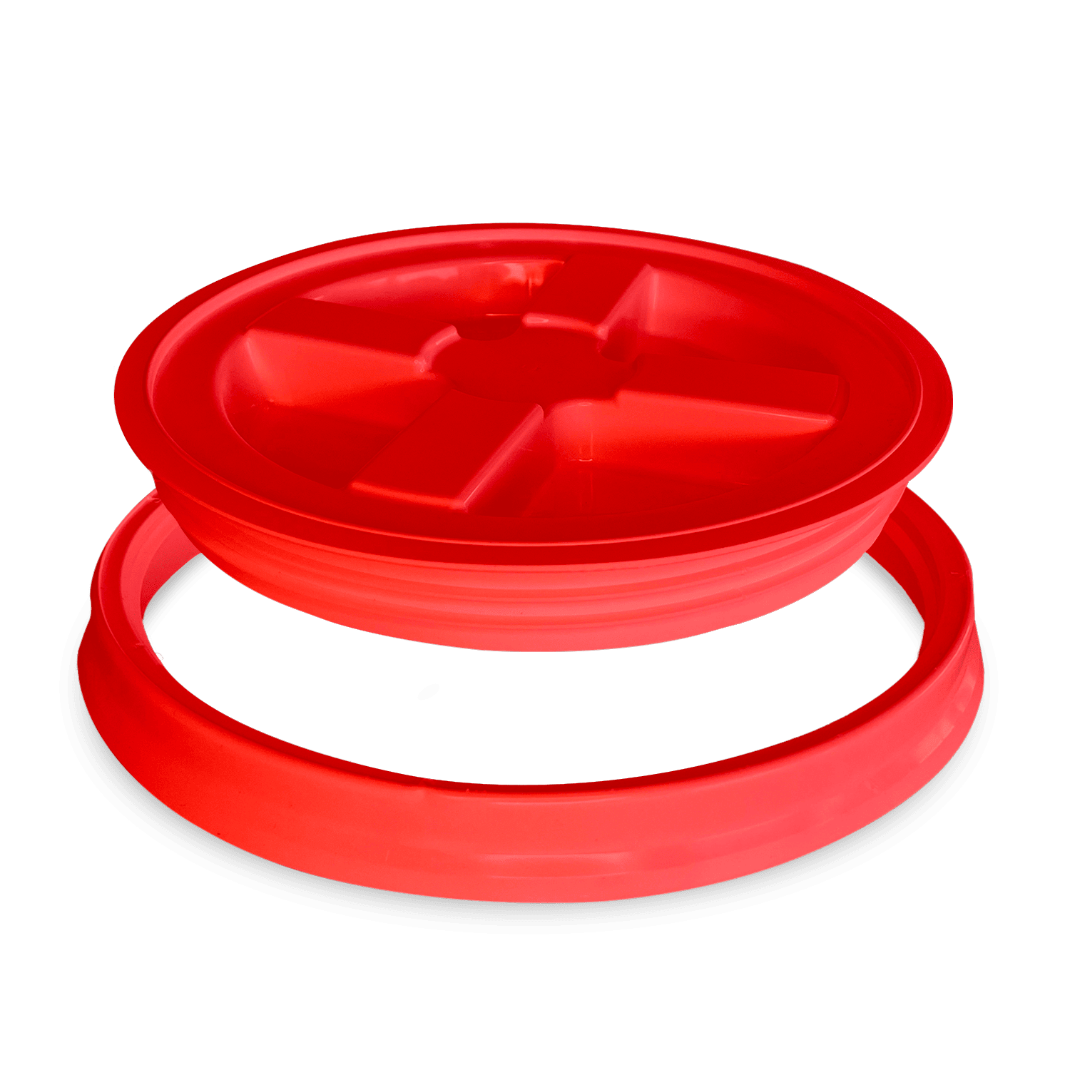 A BPA-Free Food-Grade Gamma Seal Lid for 3.5, 5, & 7 gallon buckets (1 count) in red is shown with its round divided design and matching ring, displayed on a plain white background.