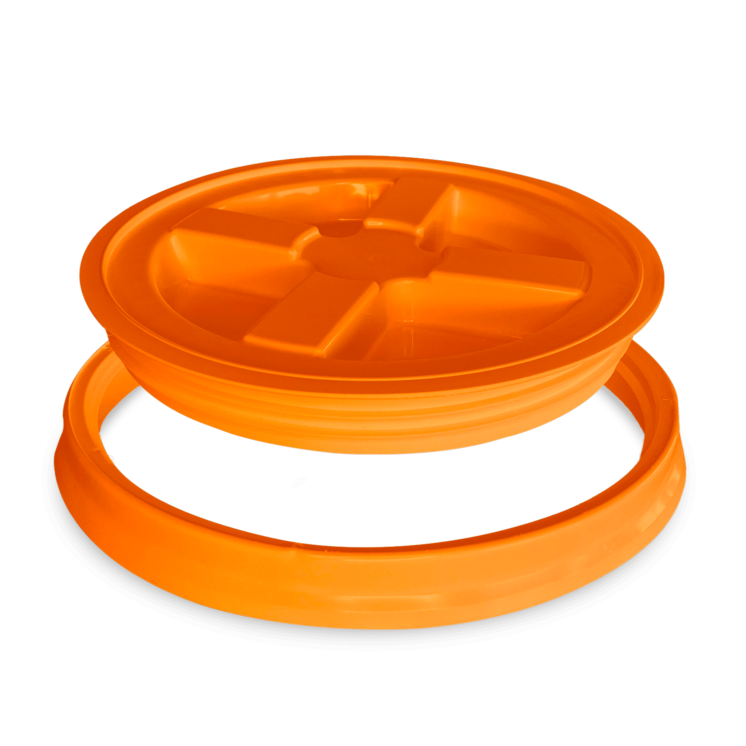 A BPA-Free Food-Grade Gamma Seal Lid for 3.5, 5, & 7 gallon buckets (1 count) in orange, round plastic with four compartments is shown above a matching rim against a plain white background.