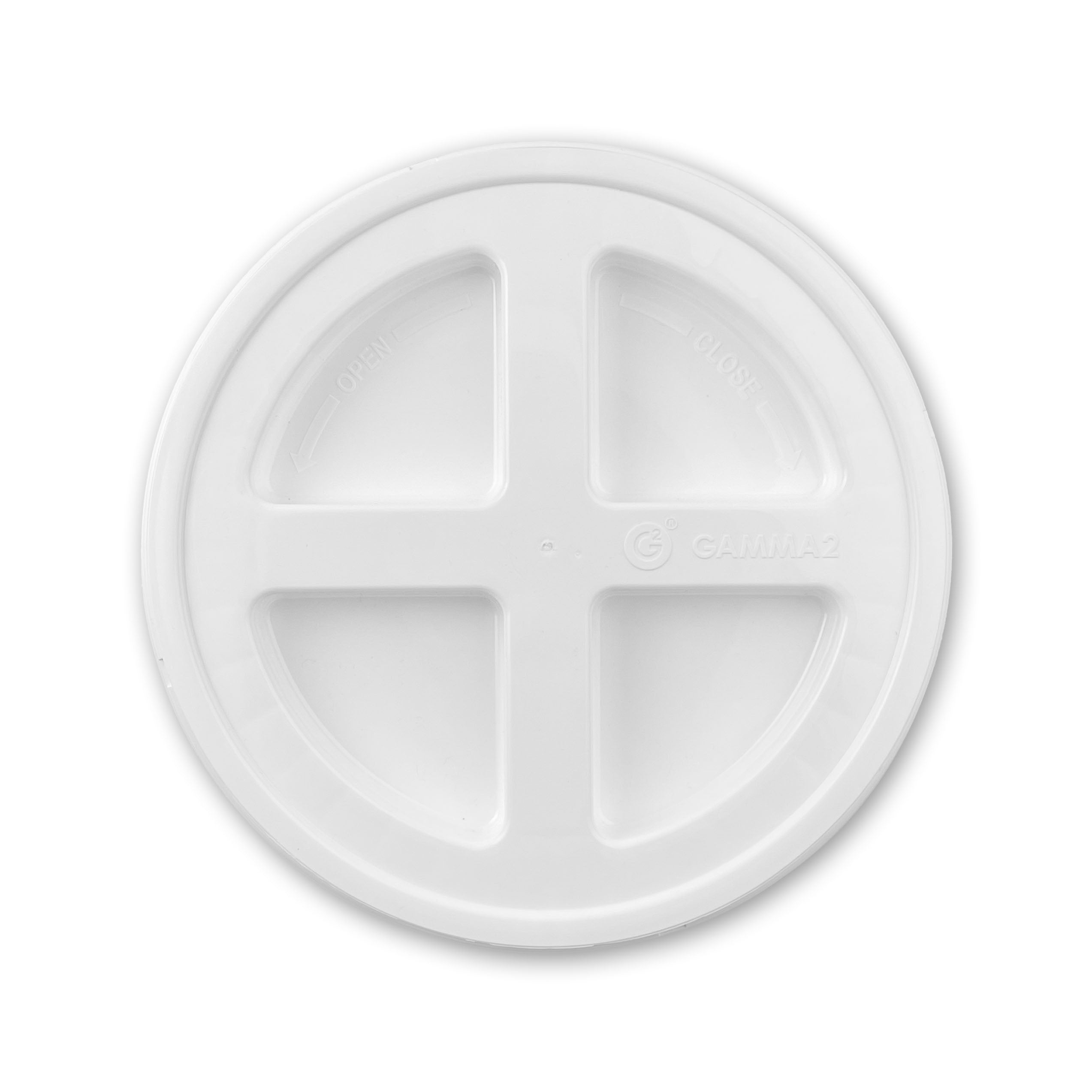 This is a BPA-free, food-grade Gamma Seal lid for 3.5, 5, and 7 gallon buckets. It is white, round, plastic with four raised cross sections and faint "open" and "close" markings that indicate its screw-on design. Sold as a single count.