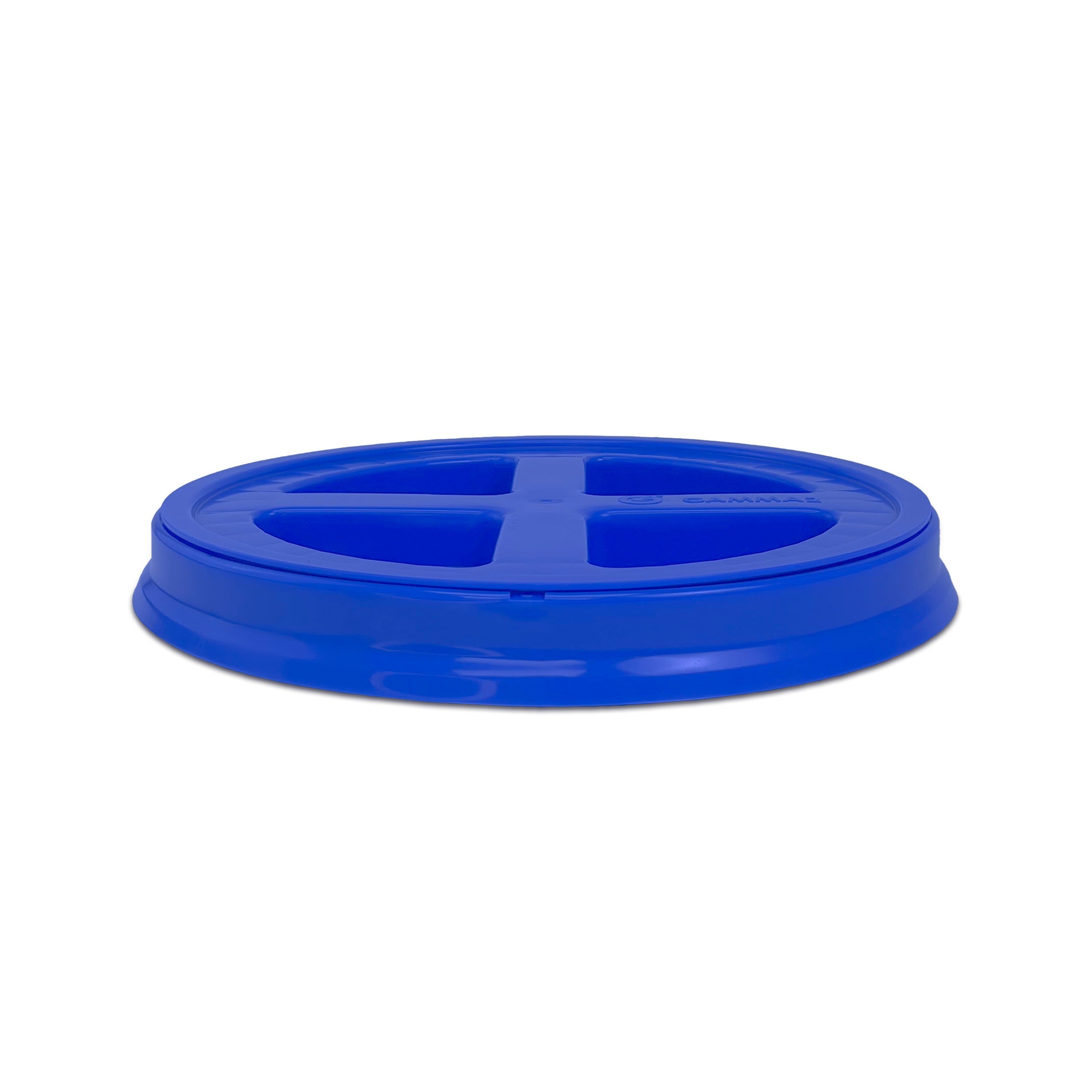 A BPA-free, food-grade Gamma Seal Lid for 3.5, 5, and 7 gallon buckets is shown in blue plastic with four equally spaced compartments, viewed from the side on a white background.