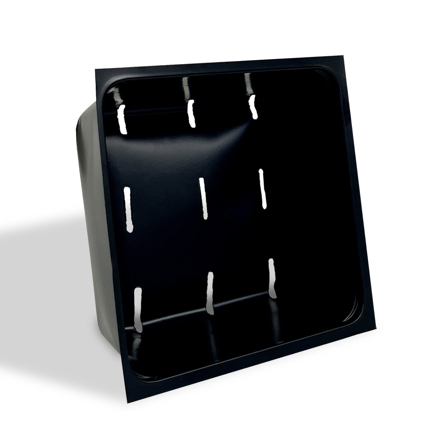 A 5" x 5" black square plastic grow tray insert with multiple vertical drainage slits on the sides and bottom, part of an 8-insert sheet, shown against a white background.