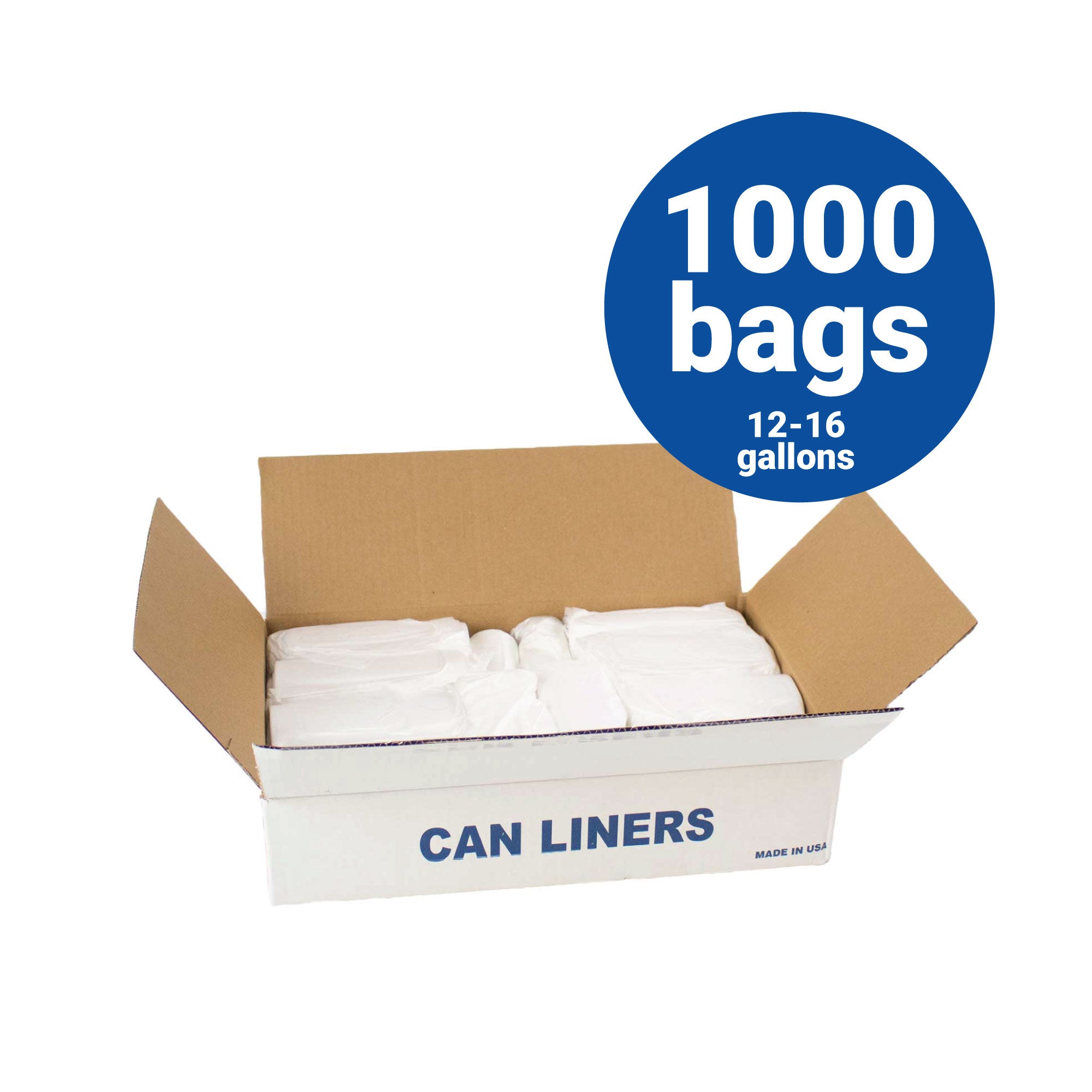 Open cardboard box labeled "HDPE Liners 12-16 Gallon Natural Trash Bags 8 Micron (H243308N)" with white bags inside and a big blue circle showing “1000 bags, 12-16 gallons” in bold white text.