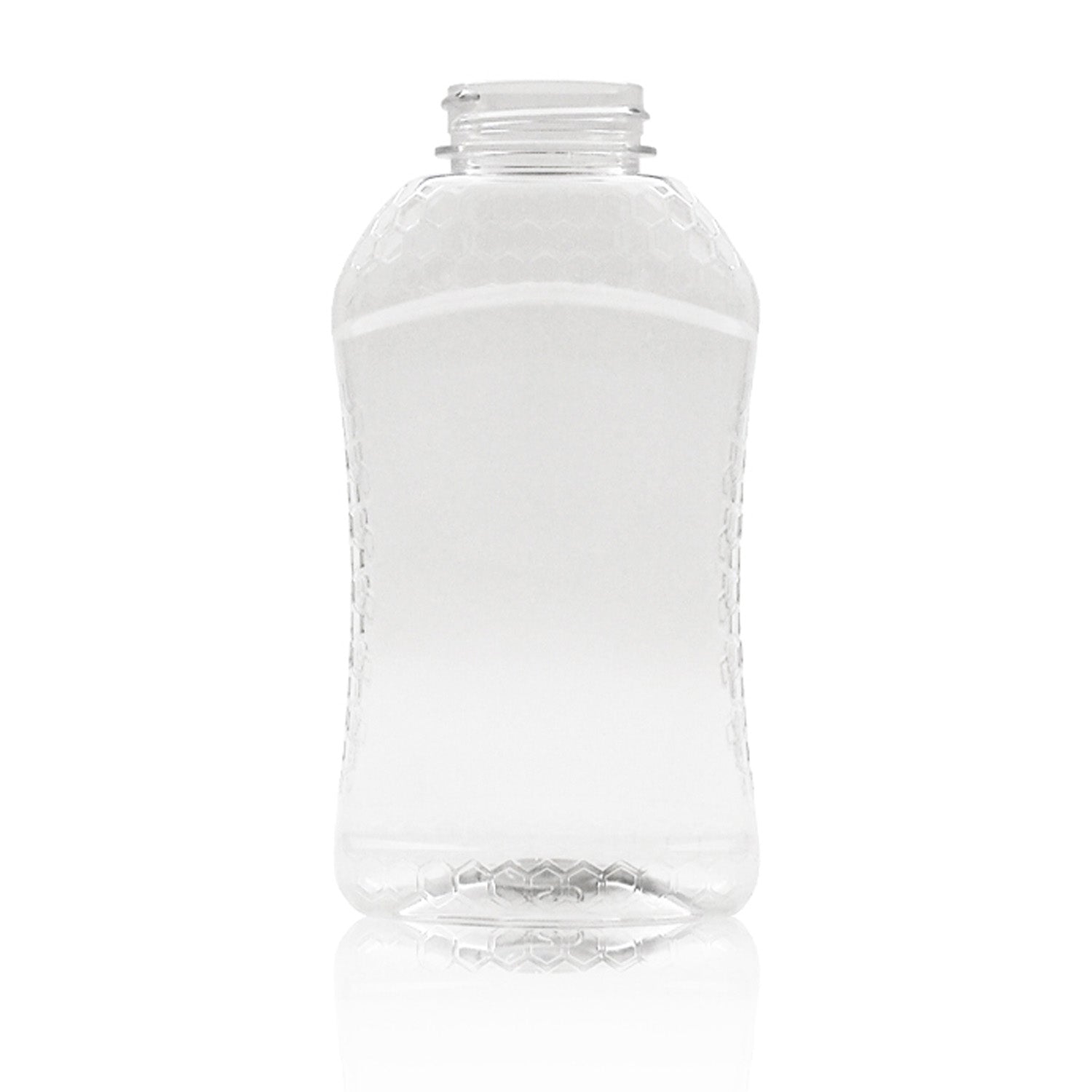 A 16 oz. Honeycomb Bottle from a case of 100, featuring a clear plastic body with a wide mouth and textured honeycomb-like sides, stands upright against a white background.