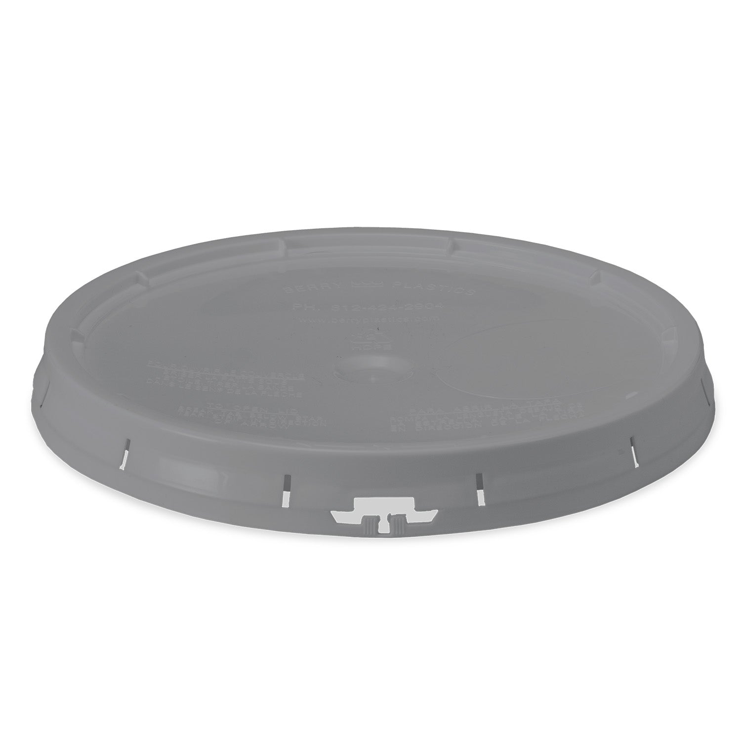 A BPA-free food-grade gasketed tear-strip lid for 3.5, 5, and 7 gallon buckets, made of gray plastic with a flat top and lock tab, is shown against a white background.