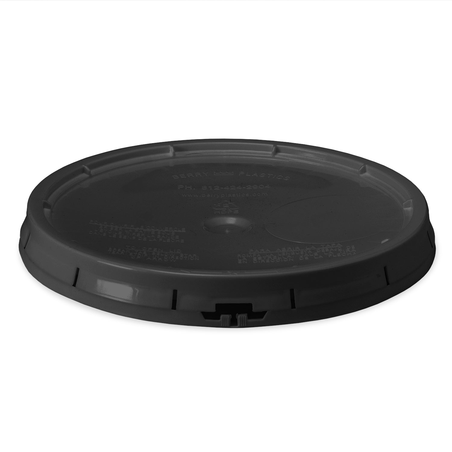 A black, round BPA-free food-grade gasketed tear-strip lid with embossed text and a tab for easy removal, designed to fit 3.5, 5, and 7 gallon buckets.