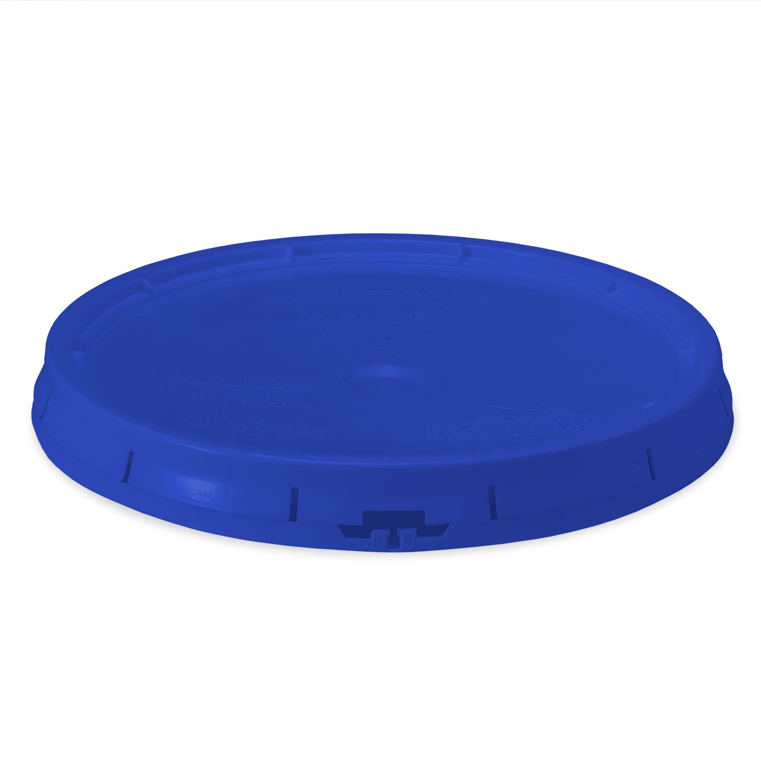 A blue BPA-free food-grade gasketed tear-strip lid for 3.5, 5, and 7 gallon buckets, featuring a slightly raised edge and rectangular tab for easy removal, shown against a white background. Contains 1 lid per count.