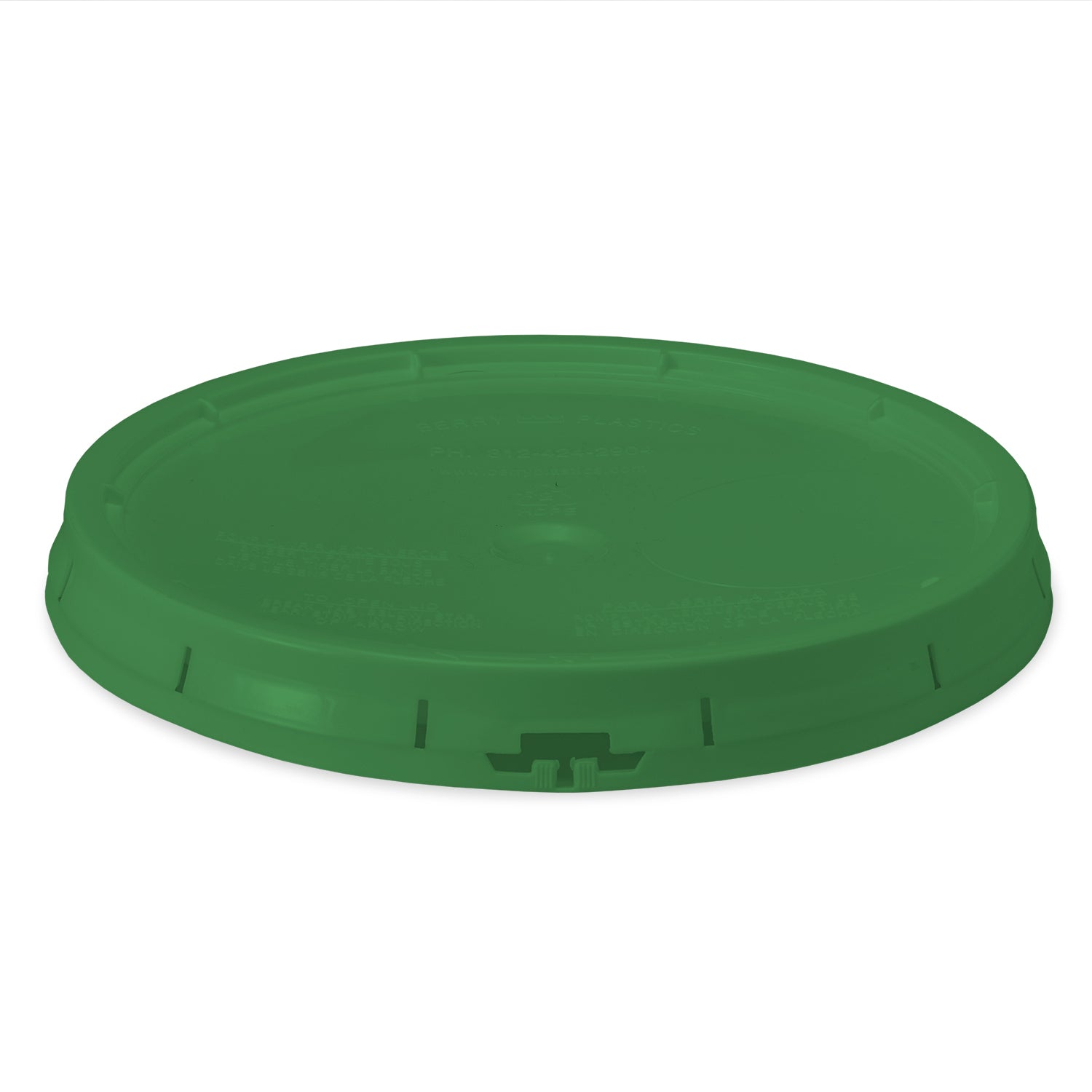 A green, round BPA-Free Food-Grade Gasketed Tear-Strip Lid with small ridges and embossed text, designed to fit 3.5, 5, and 7 gallon buckets securely.