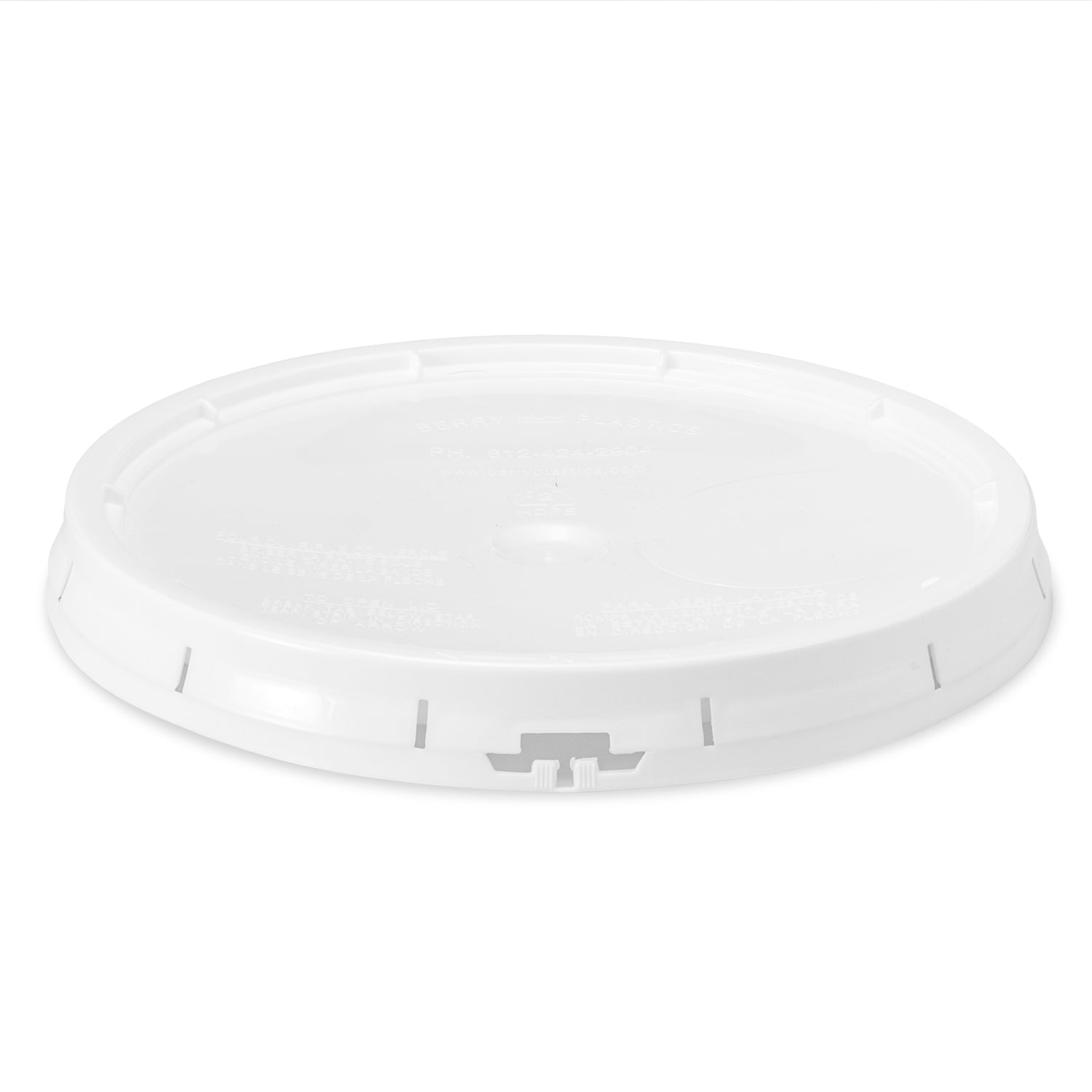 The BPA-Free Food-Grade Gasketed Tear-Strip Lid fits 3.5, 5, and 7 gallon buckets. It's a white plastic lid with a raised edge and locking tabs for a secure seal—ideal for food storage. 1 count per package.