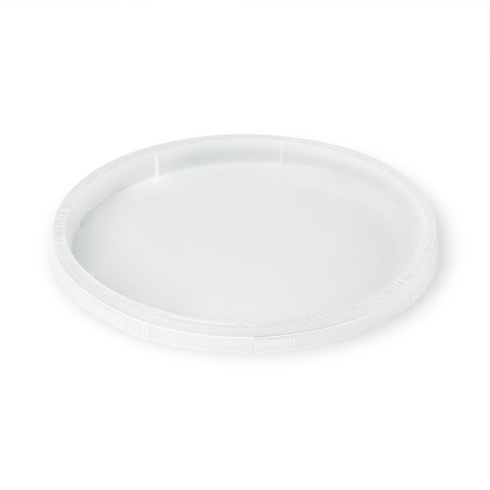 A plain, round, white BPA-Free Food-Grade Freezer-Safe Lid (L410 + L410RTR) from a case of 1000 is shown against a white background. The plastic lid is flat with a slightly raised edge and has no visible markings or designs.