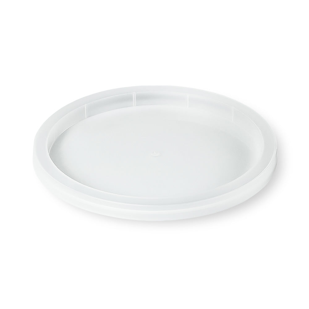 A BPA-Free Food-Grade Freezer-Safe Lid (L410 + L410RTR), round and white with a slightly raised rim, made of plastic. Photographed on a plain white background. Sold by the case (1000 lids).