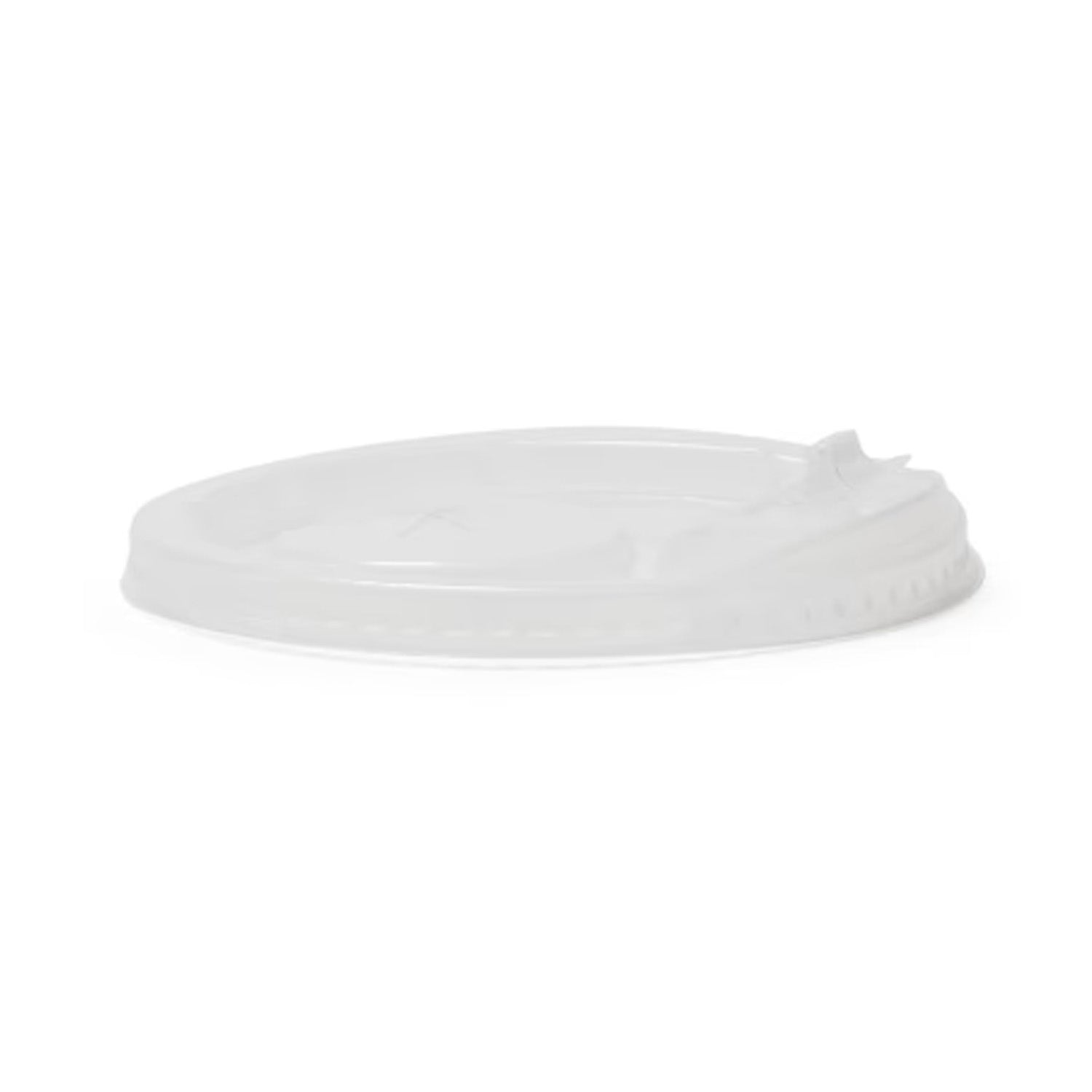 A Thermoform Strawless Lid with Straw Slot from a case of 1000 is shown flat against a white background, highlighting its clear plastic design with a raised edge and sip opening on one side.