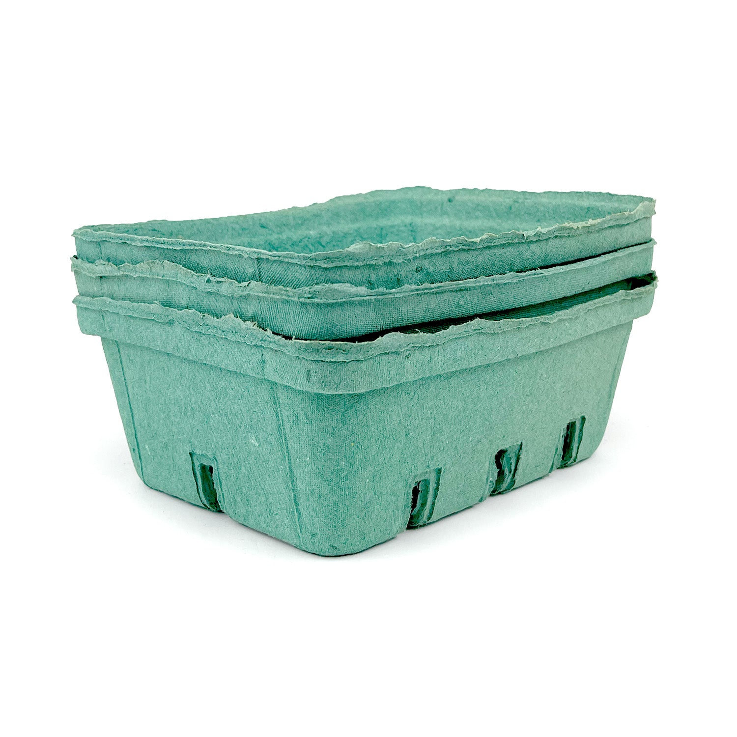 A case of 200 green molded pulp berry/produce baskets (1.5 quart/48 oz.), each rectangular with slightly uneven edges, ideal for holding fruits like strawberries or blueberries.