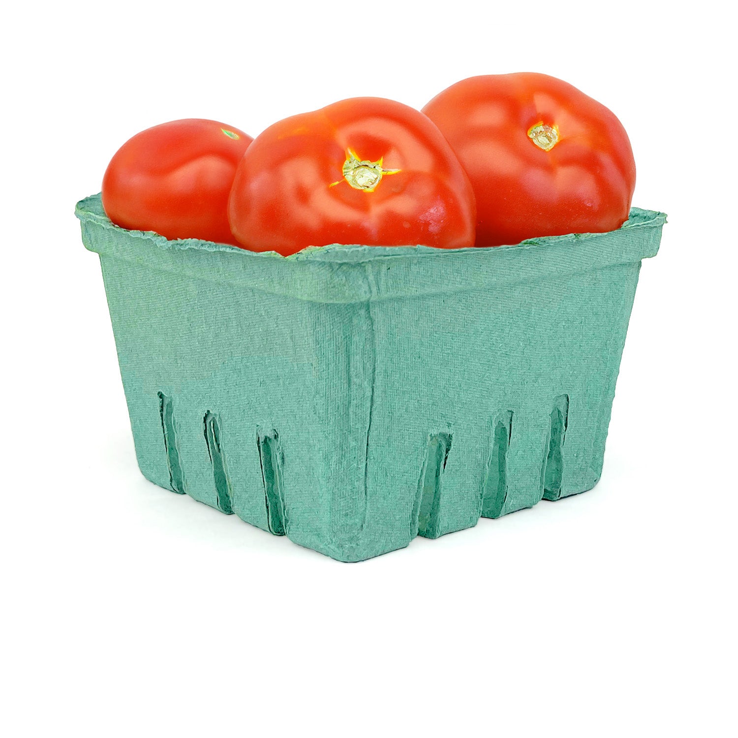 Three ripe red tomatoes in a 1 Quart (32 oz.) Green Molded Pulp Berry/Produce Basket, case of 250, isolated on a white background.