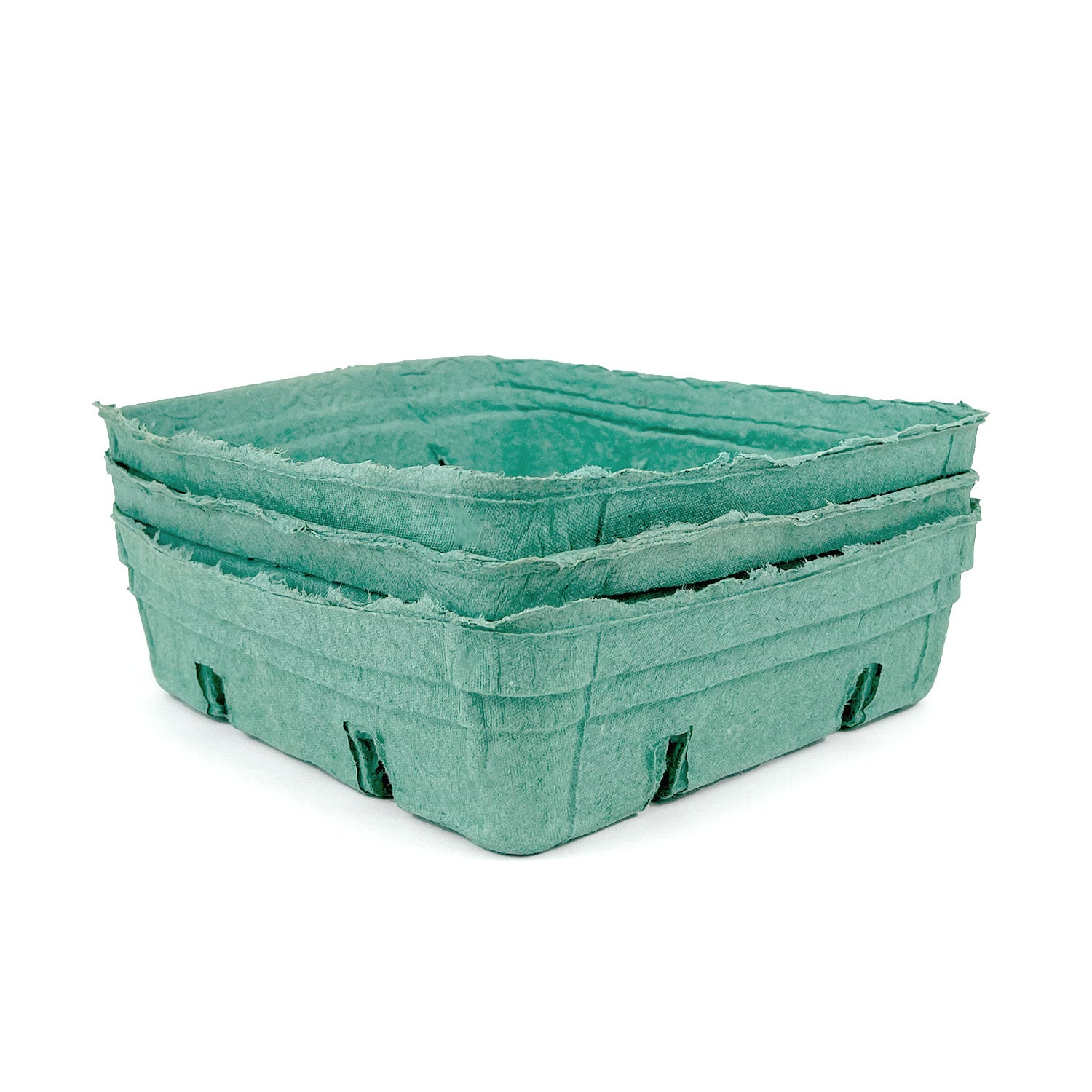Three stacked 2 Quart (64 oz.) Green Molded Pulp Berry/Produce Baskets from a case of 200, shown with a rough texture and viewed at an angle against a plain white background.