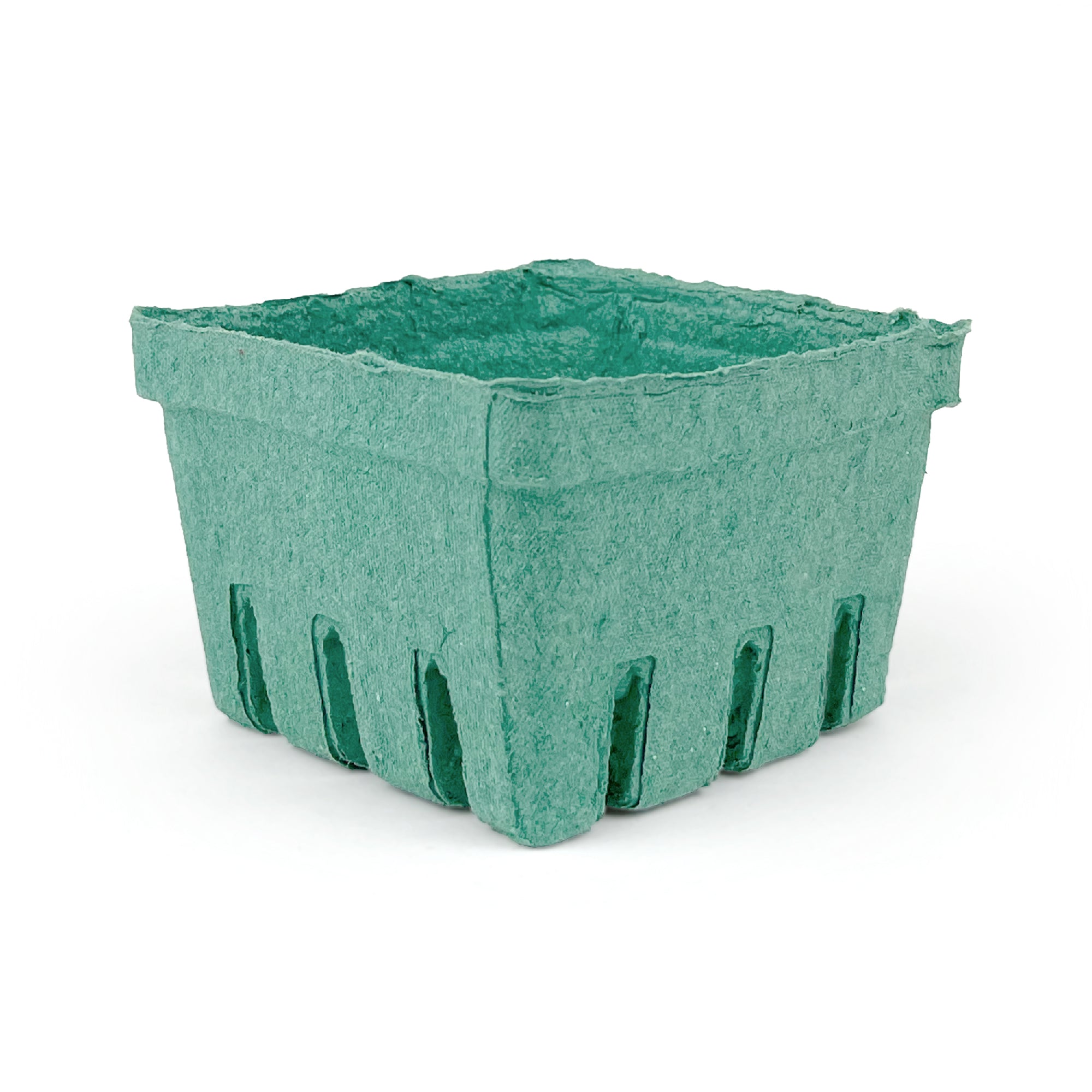 The 1 Pint (16 oz.) Green Molded Pulp Berry/Produce Basket, sold in a case of 500, is a square, slotted container ideal for holding fresh fruits like berries or cherry tomatoes. Shown empty against a white background.