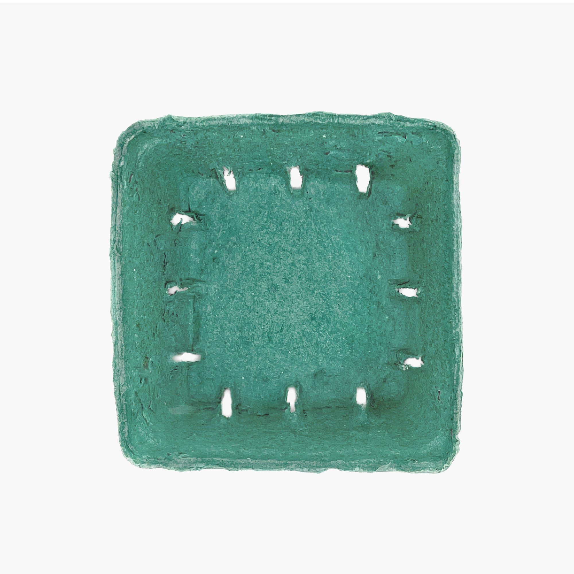 A 1 Pint (16 oz.) green molded pulp berry/produce basket, square-shaped with small ventilation holes, is shown empty from above on a white background. Sold as a case of 500.