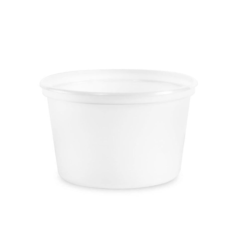 A 16 oz. BPA-free food-grade container (T41016CP), with a smooth white round design, is shown against a white background. Case of 500.