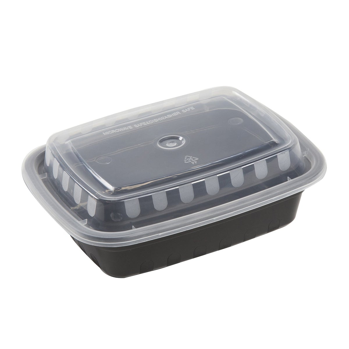 The 12 oz. Rectangular Take-Out Container comes in a case of 50, featuring black plastic with a clear, fitted lid—ideal for takeout or meal prep—shown on a white background.