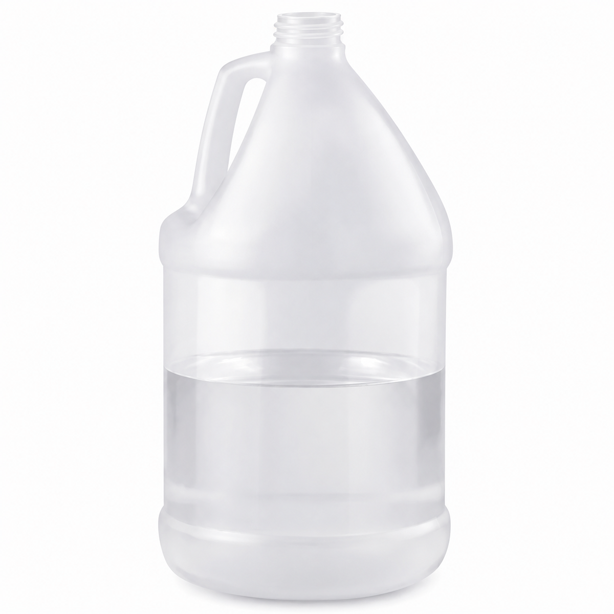 1 Gallon Plastic Jug - Natural HDPE - Case of 4, a translucent plastic jug with a handle, filled halfway with a clear liquid.
