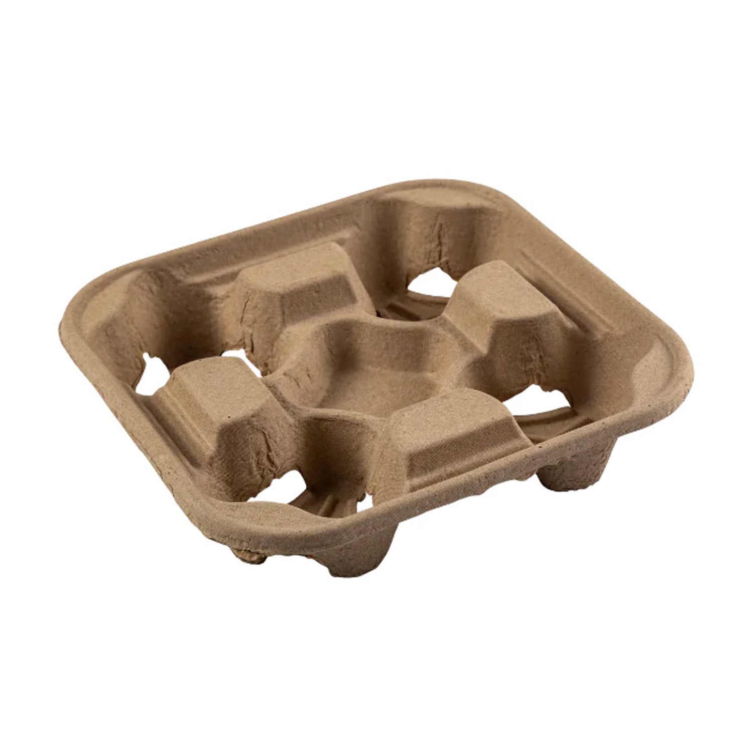 A brown, square 4-cup carrier fits 8 oz. to 32 oz. cups, molded from paper with four circular compartments. Case of 300 shown on a white background.